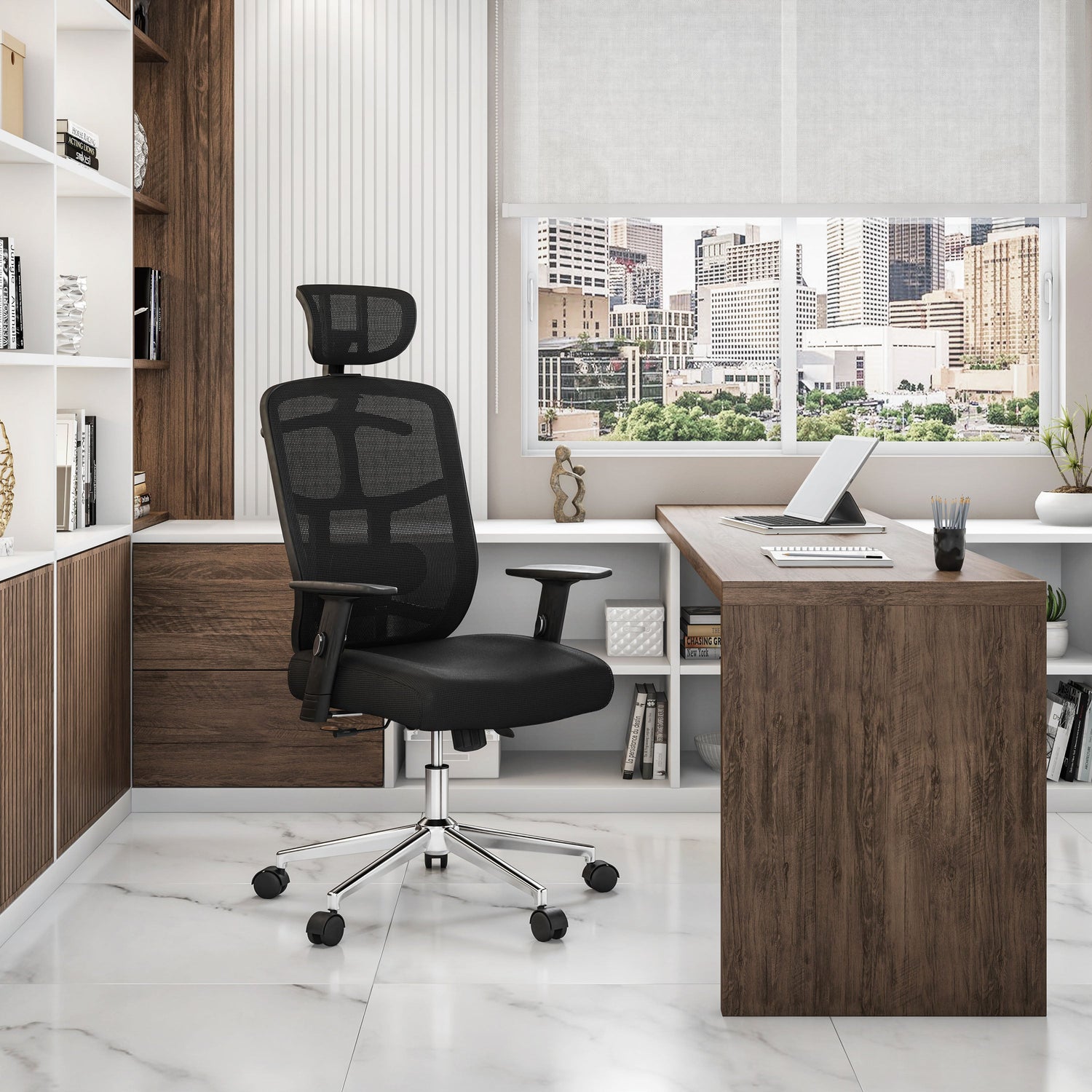 High Back Executive Mesh Office Chair with Arms Lumbar Support and Chrome Base Black Office Chair
