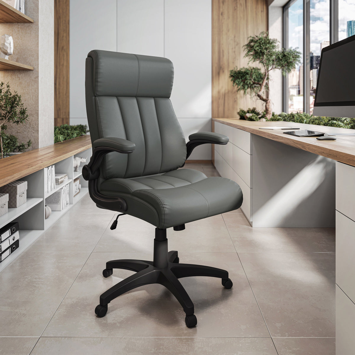Ergonomic Faux Leather Office Chair – Ultra-Padded Executive Desk Chair with Flip-Up Armrests Height Adjustable Tilt