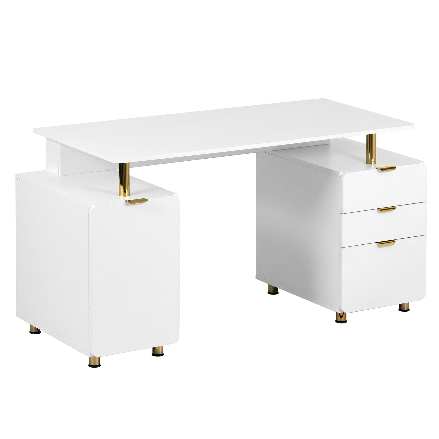 Elegant Executive Desk with Gold Accents, 3 Drawers, and Cabinet with Adjustable Shelf and Ventilation
