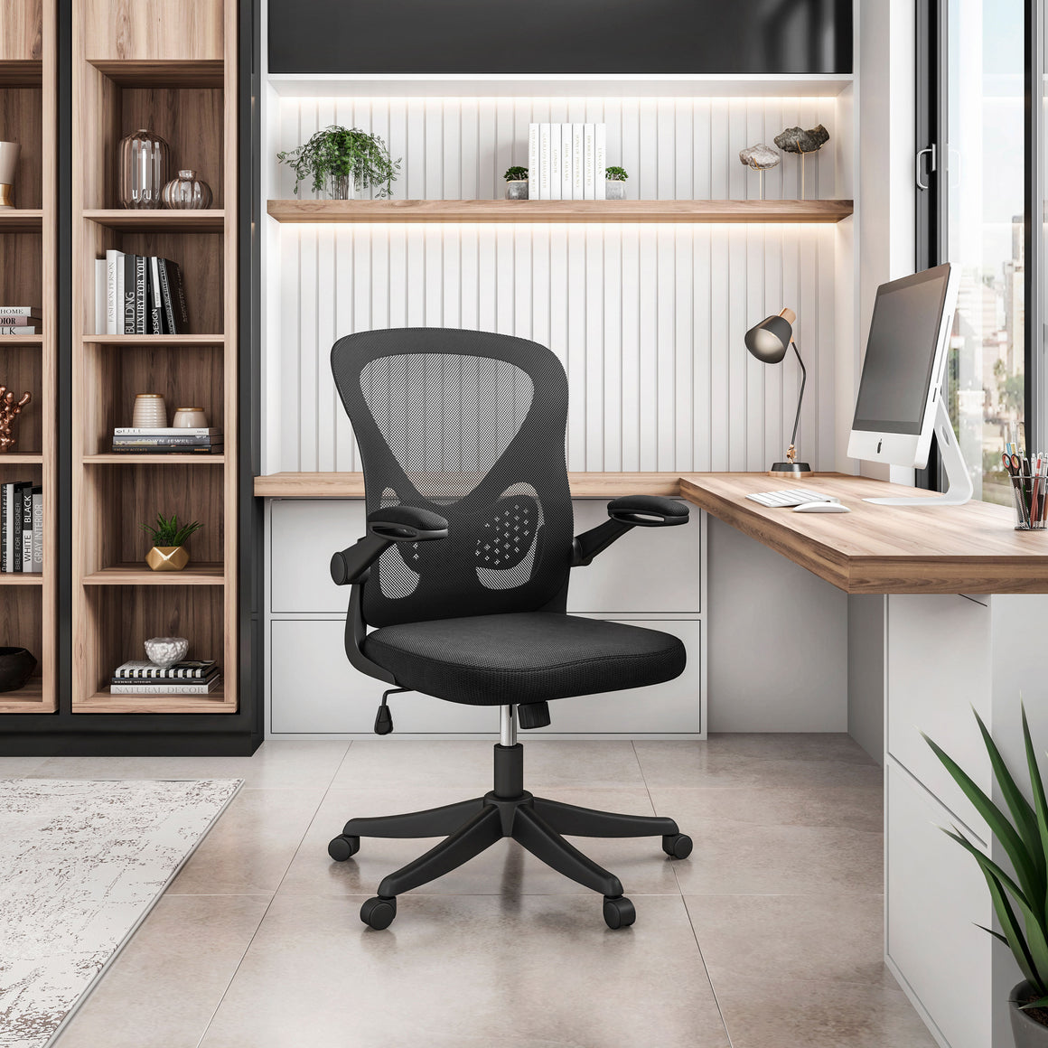 Black Mesh Office Chair with Lumbar Support and Flip-Up Arms