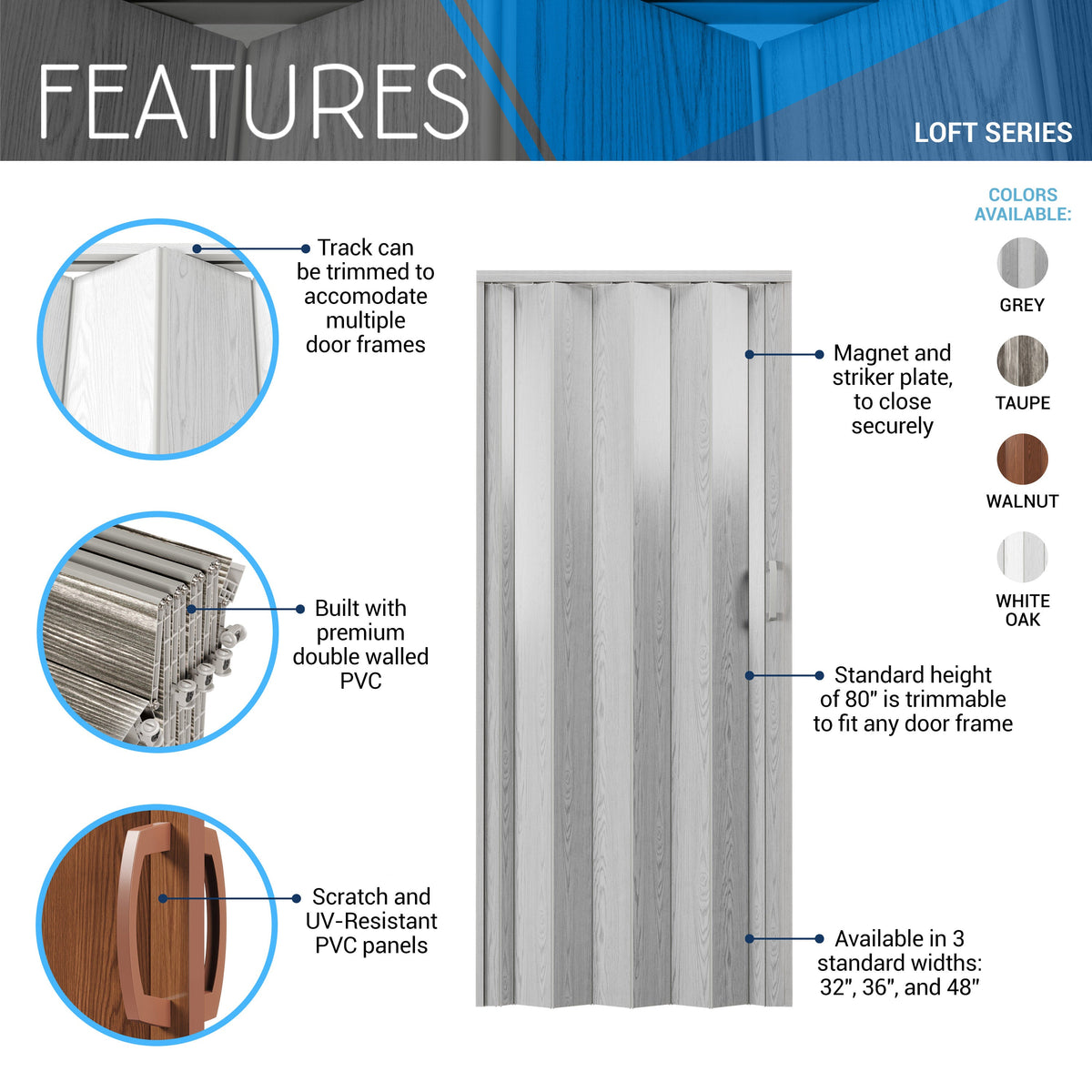 Loft Series 36’’ Premium Double Walled PVC Foldable Accordion Doors Foldable Accordion Doors