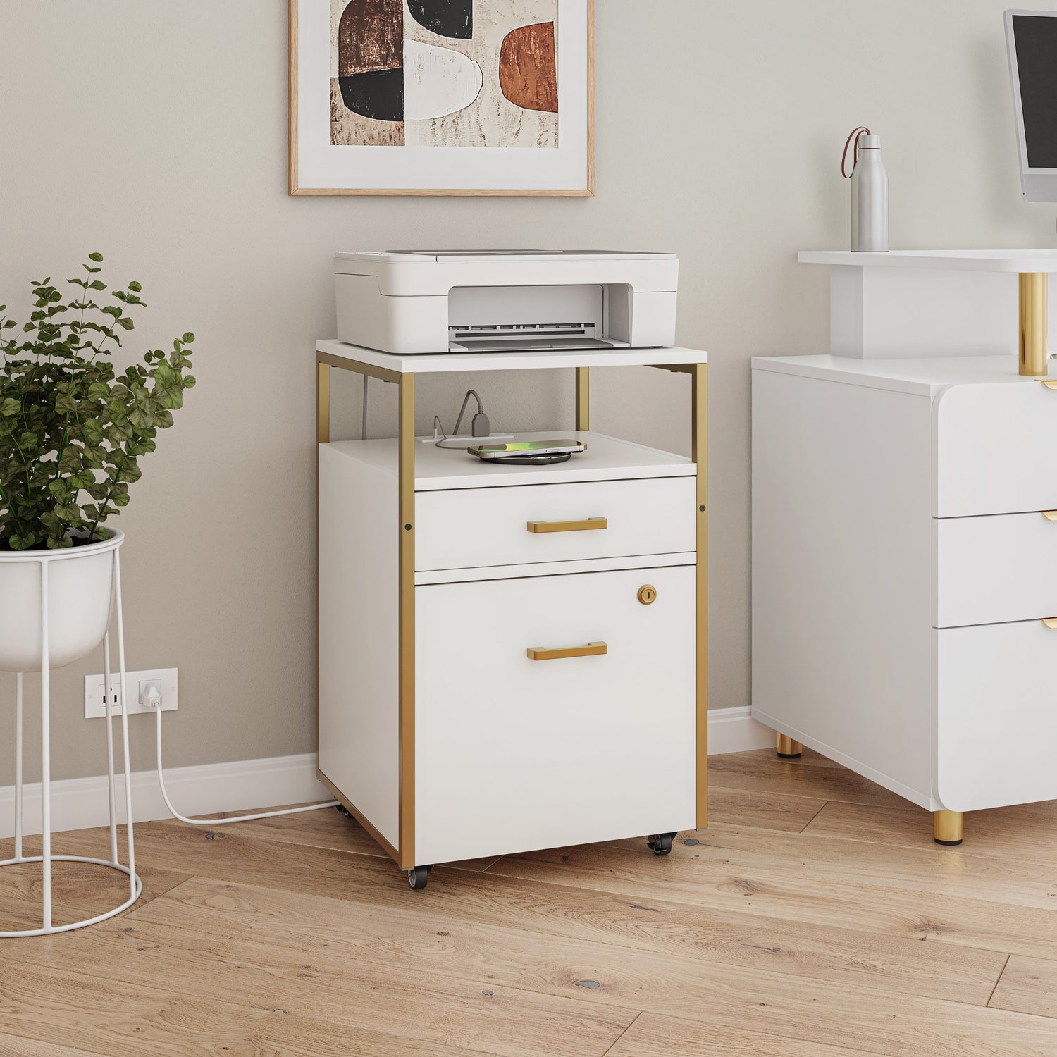Modern Rolling 2-Drawer File Cabinet with Locking File Drawer, 2 USB Charging Ports & Power Outlet, and Locking Wheels
