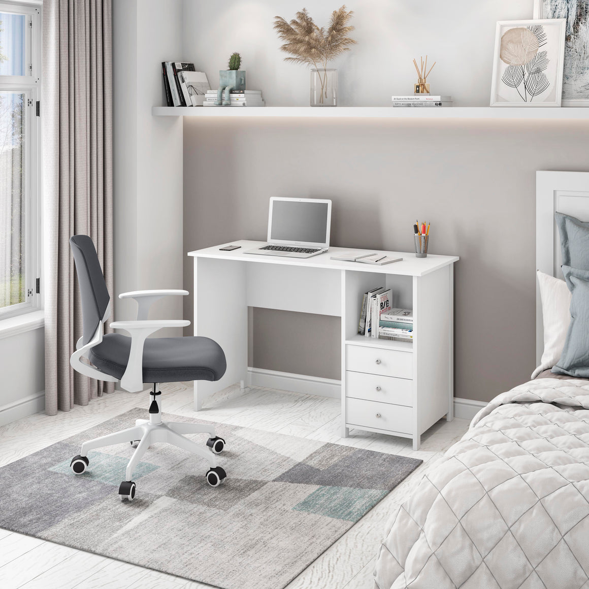 Contemporary White Desk with 3 Storage Drawers