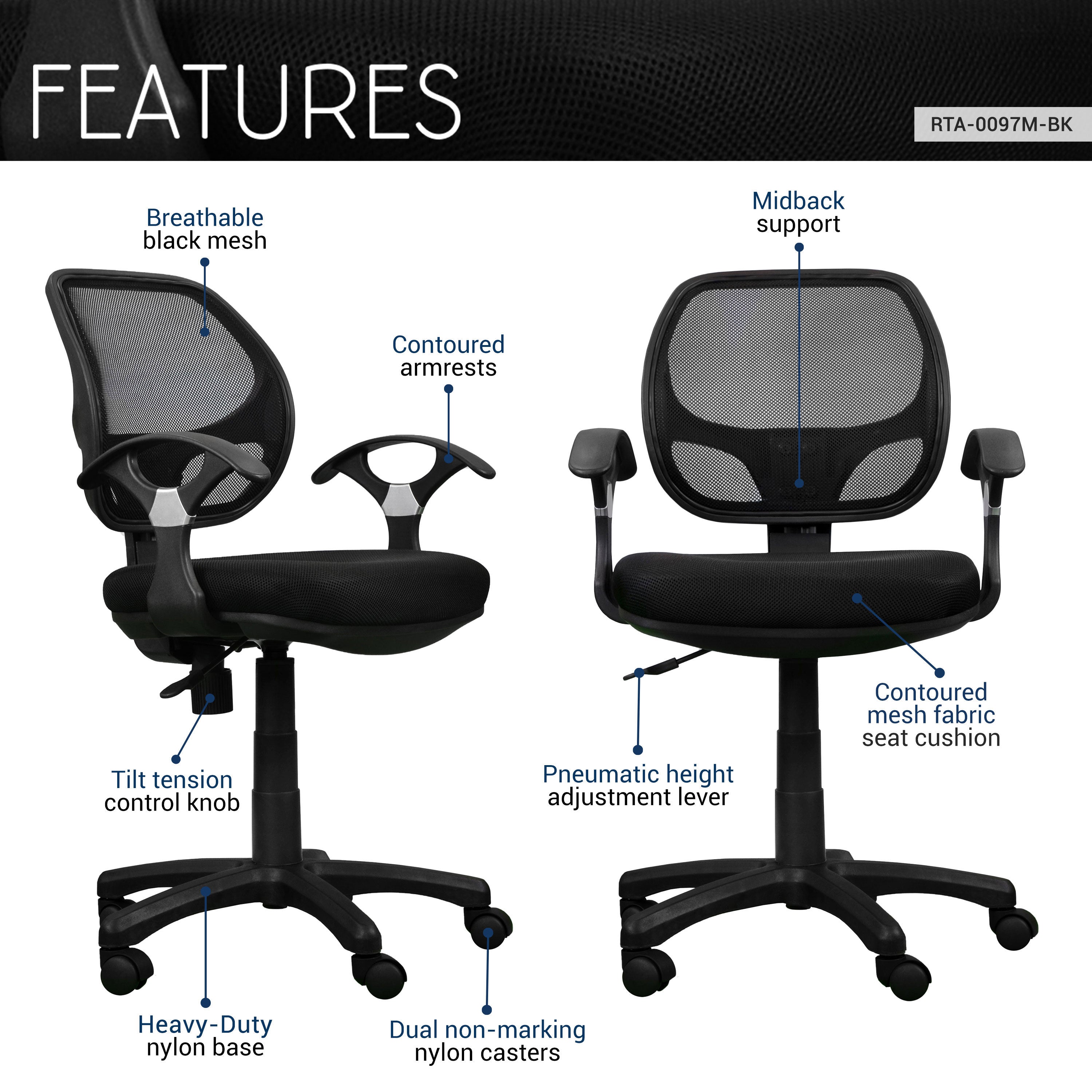 Techni Mobili Midback Mesh Task Office Chair - Thumbnail 5