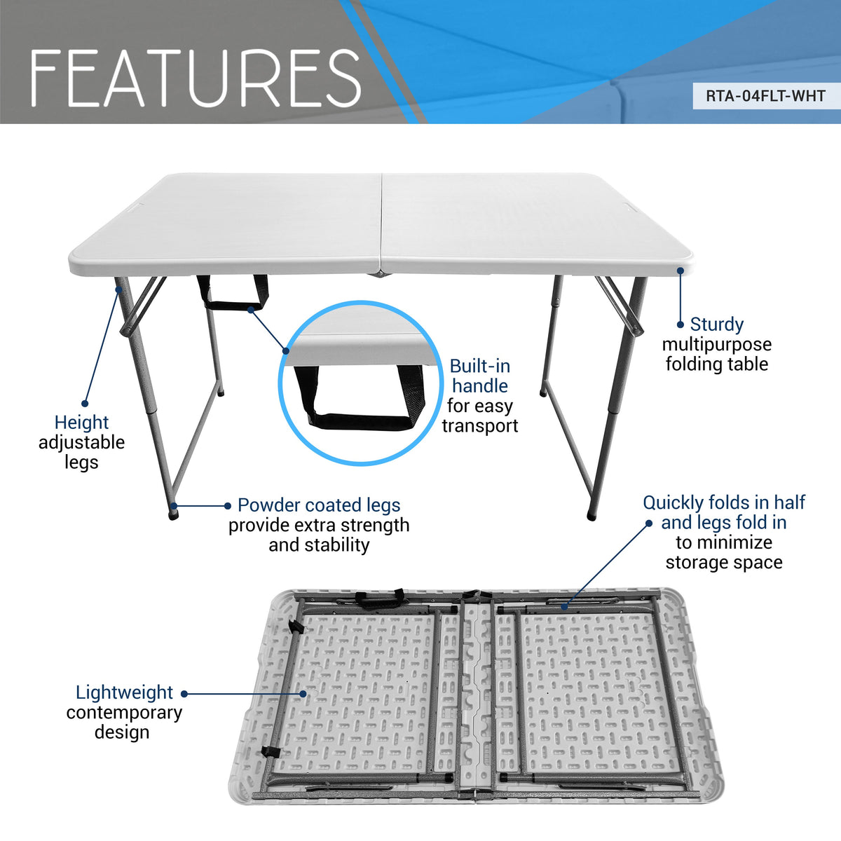 4 FT Granite White Adjustable Height Folding Table with Easy-Carry Handle Folding Table