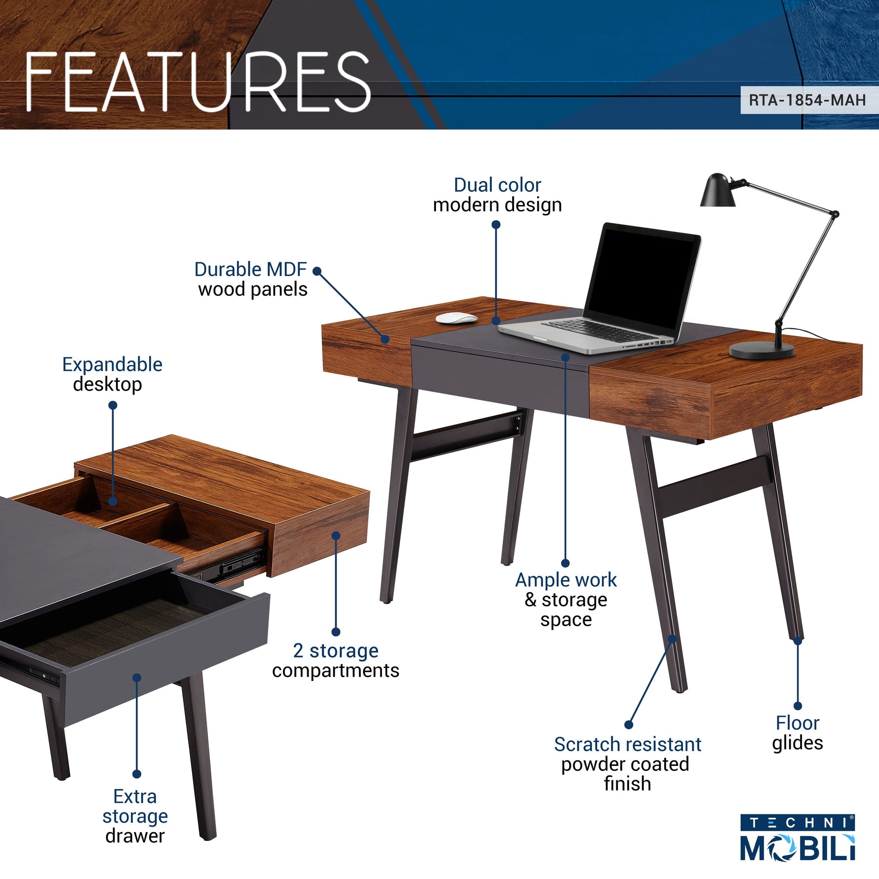 Expandable Modern Desk with Storage Mahogany Writing Desk