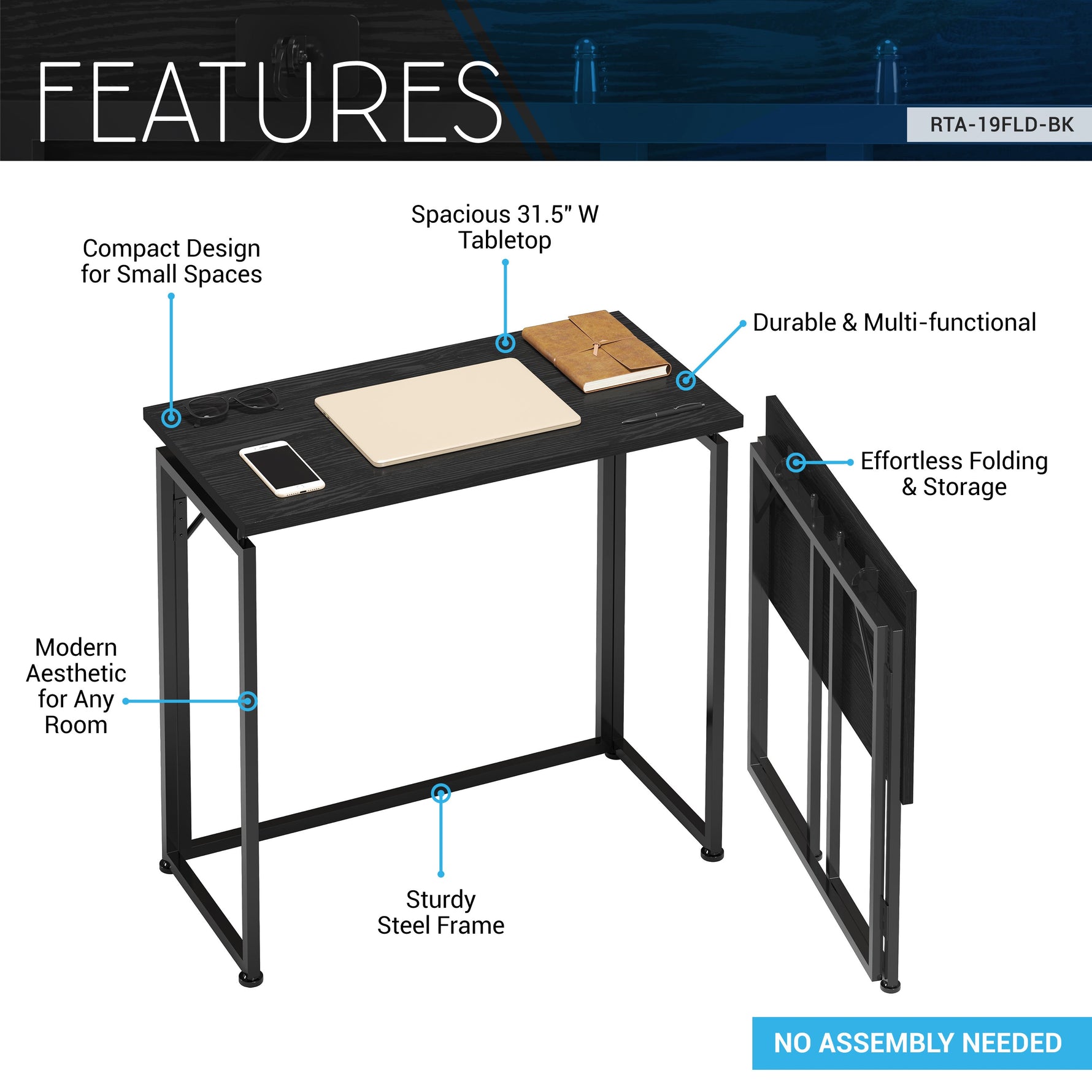 31.5” Folding Desk for Small Spaces No Assembly Required Folding Desk