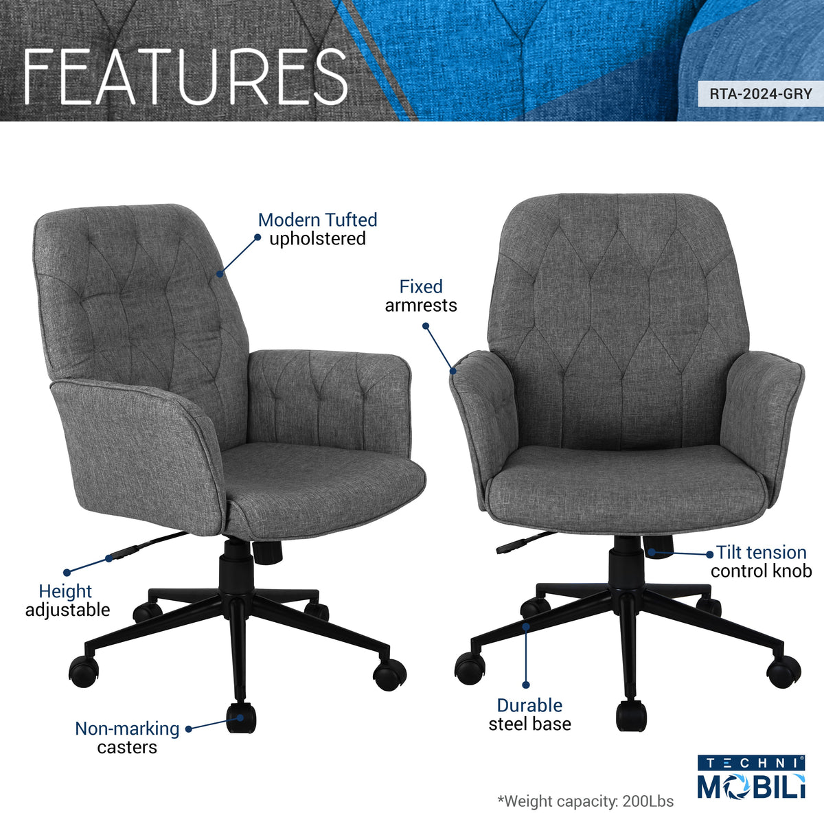Modern Upholstered Tufted Office Chair with Arms Grey Office Chair