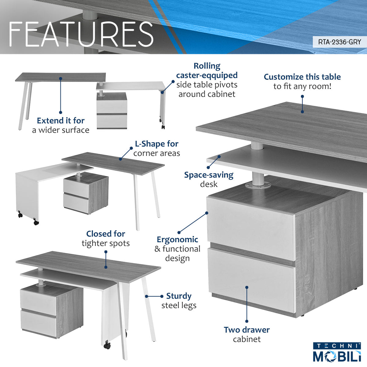 Rotating Multi-Positional Modern Desk Grey Workstation