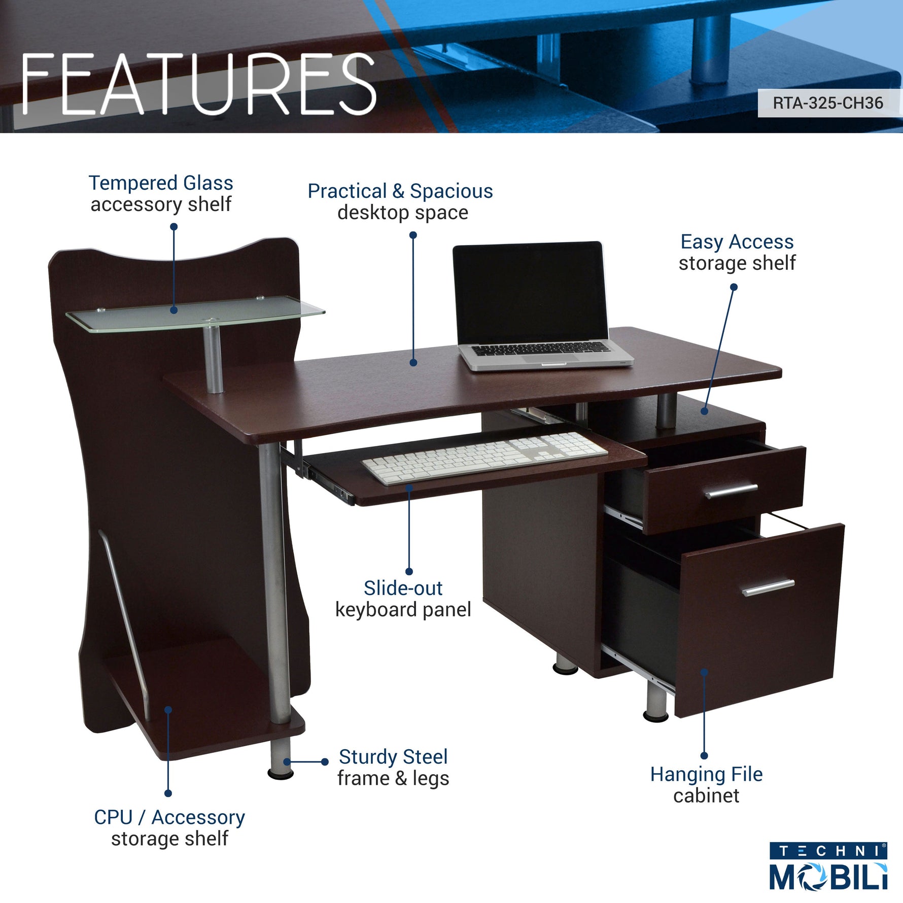 Stylish Computer Desk with Storage Chocolate Workstation