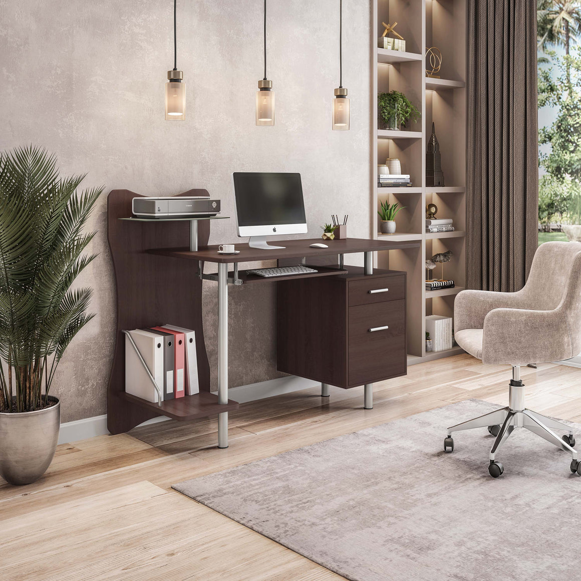 Stylish Computer Desk with Storage Chocolate Workstation