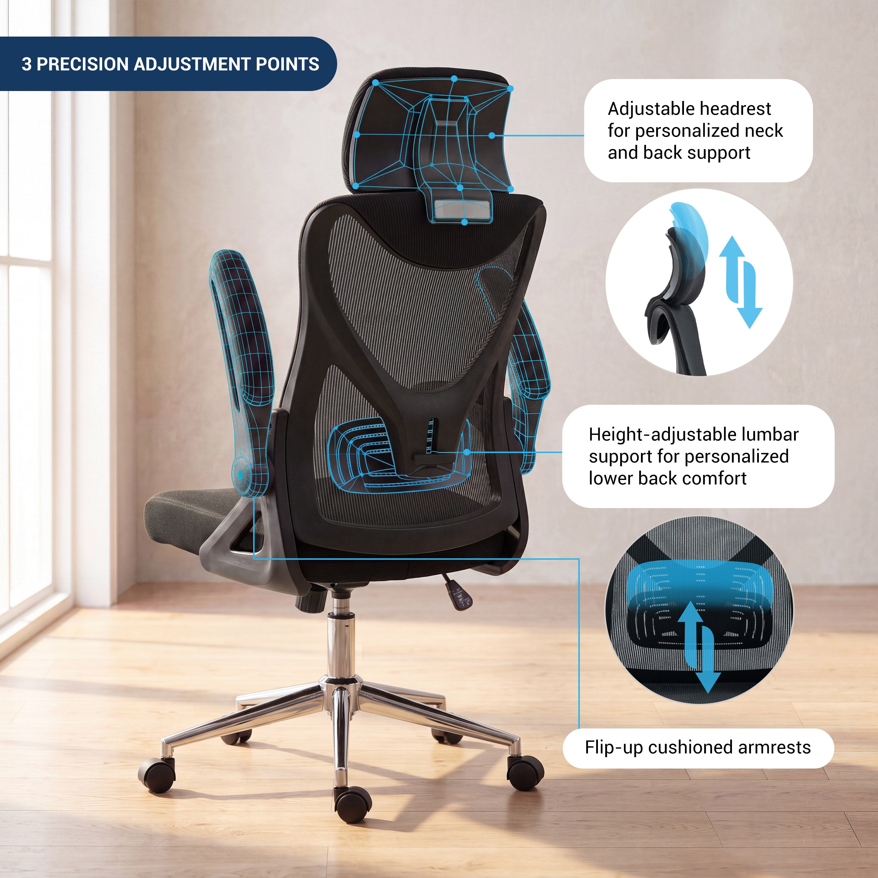 Techni Mobili | Essential Ergonomic Office Chair with Headrest