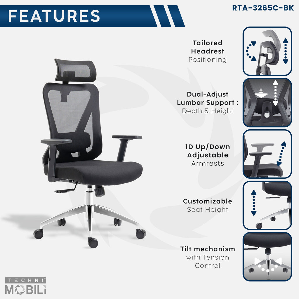 Techni Mobili | Truly Ergonomic Mesh Office Chair with Headrest ...