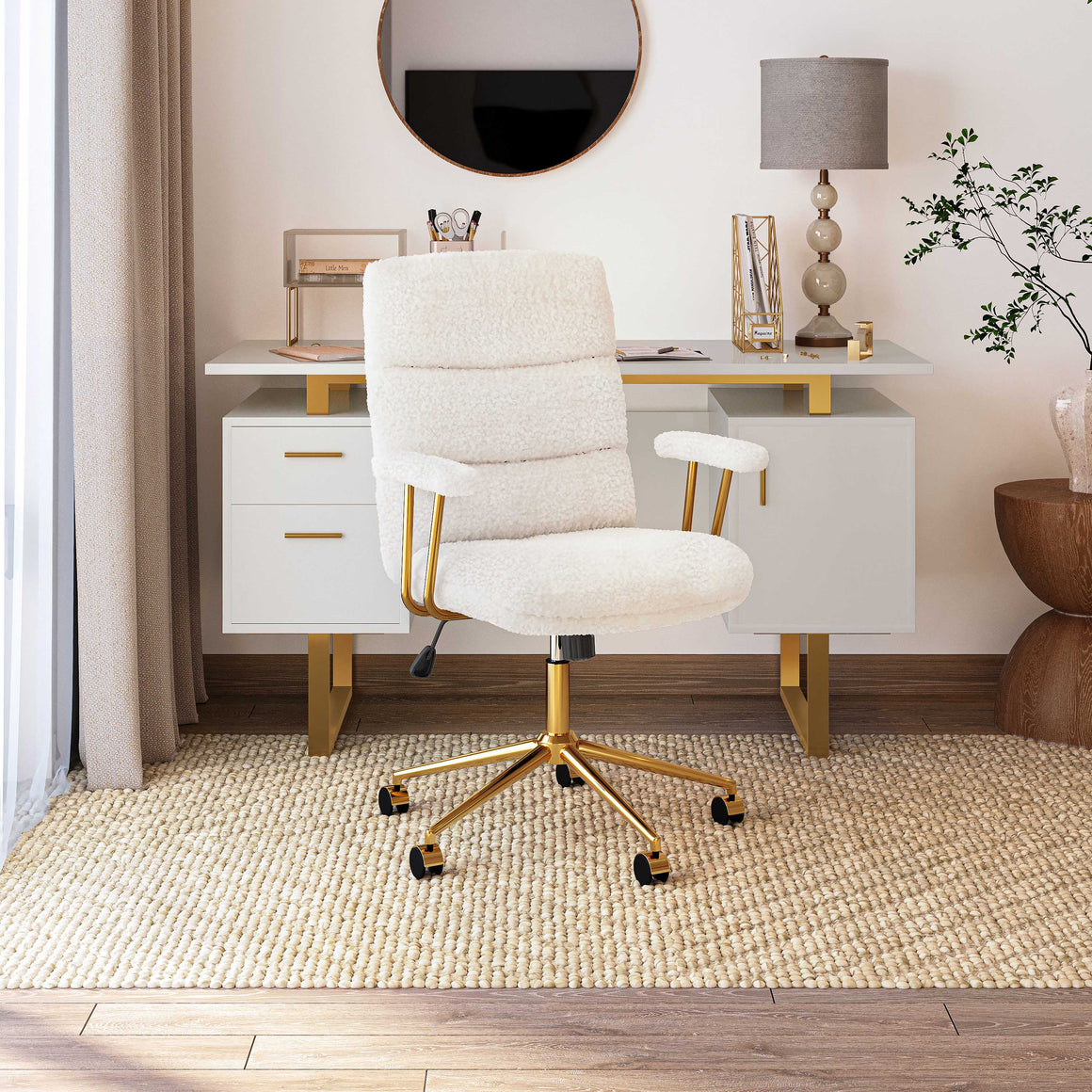 Elegant Textured Boucle White and Gold Office Chair