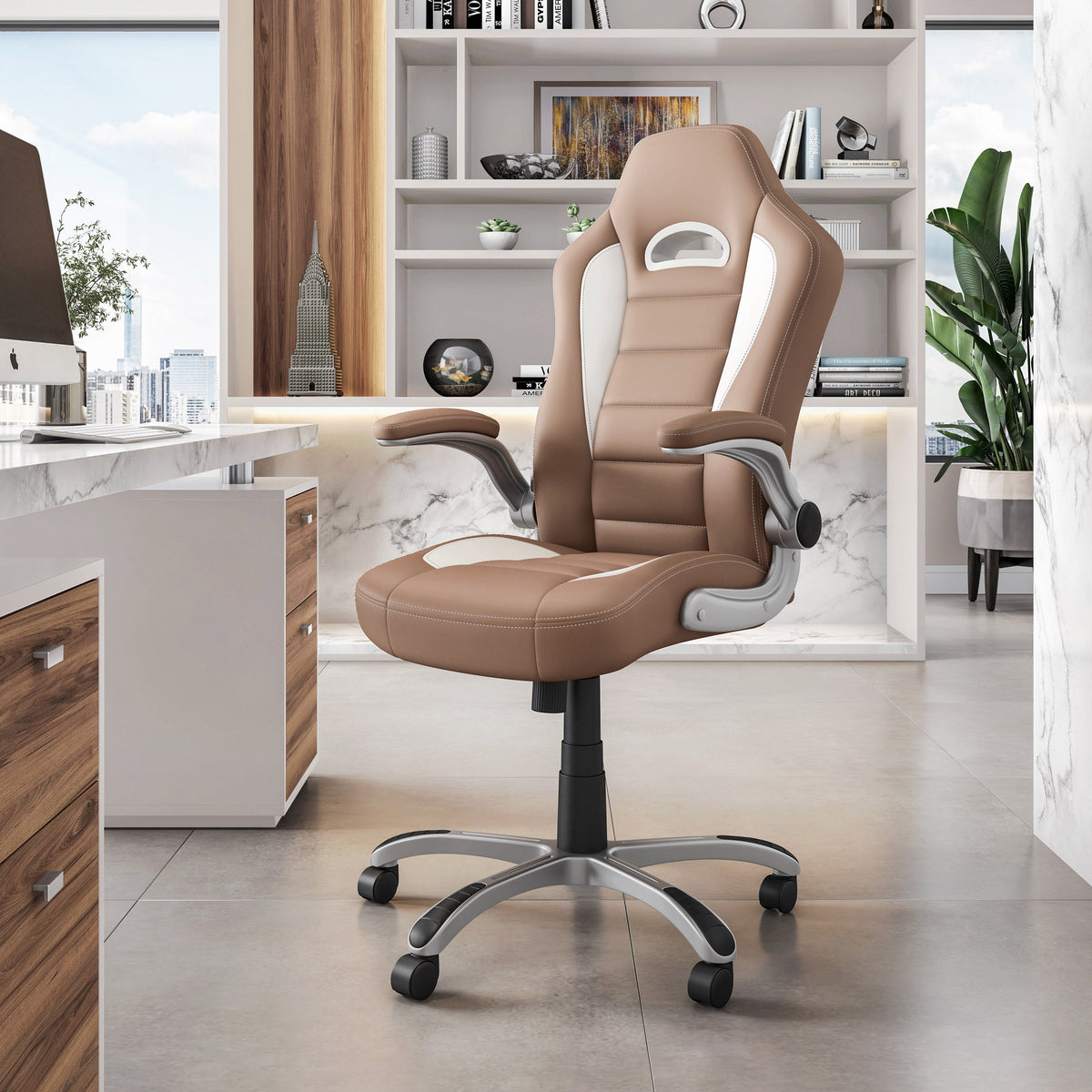 High Back Executive Sport Race Office Chair with Flip-Up Arms Camel Office Chair