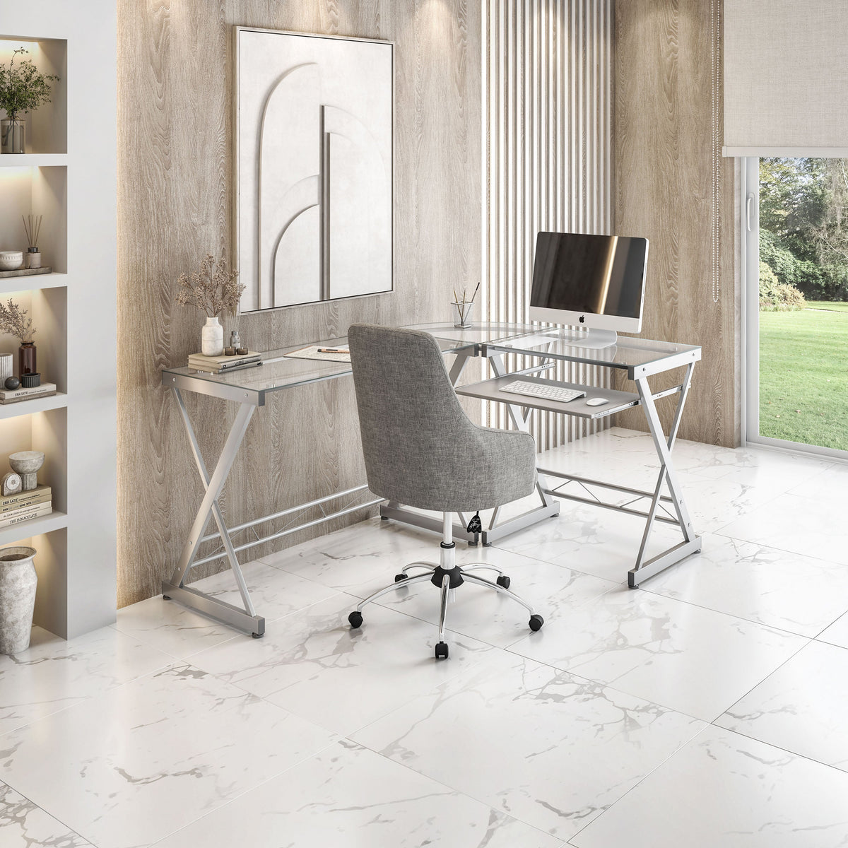 L-Shaped Tempered Glass Top Computer Desk With Pull Out Keyboard Panel Clear L-Shaped Desk