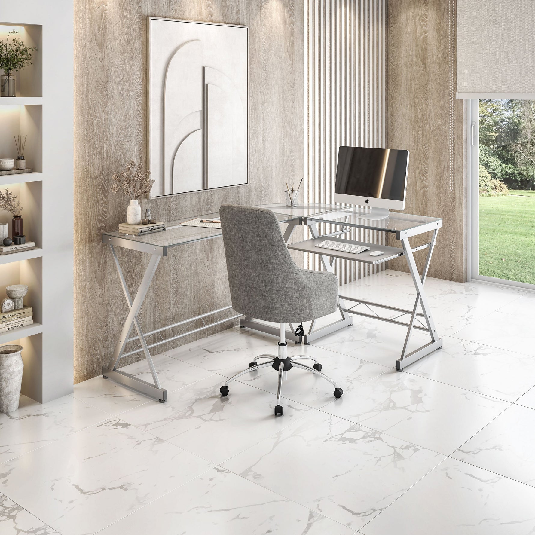 L-Shaped Tempered Glass Top Computer Desk With Pull Out Keyboard Panel Clear L-Shaped Desk