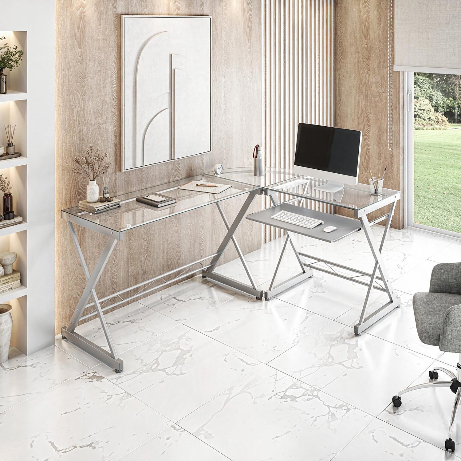 L-Shaped Tempered Glass Top Computer Desk With Pull Out Keyboard Panel
