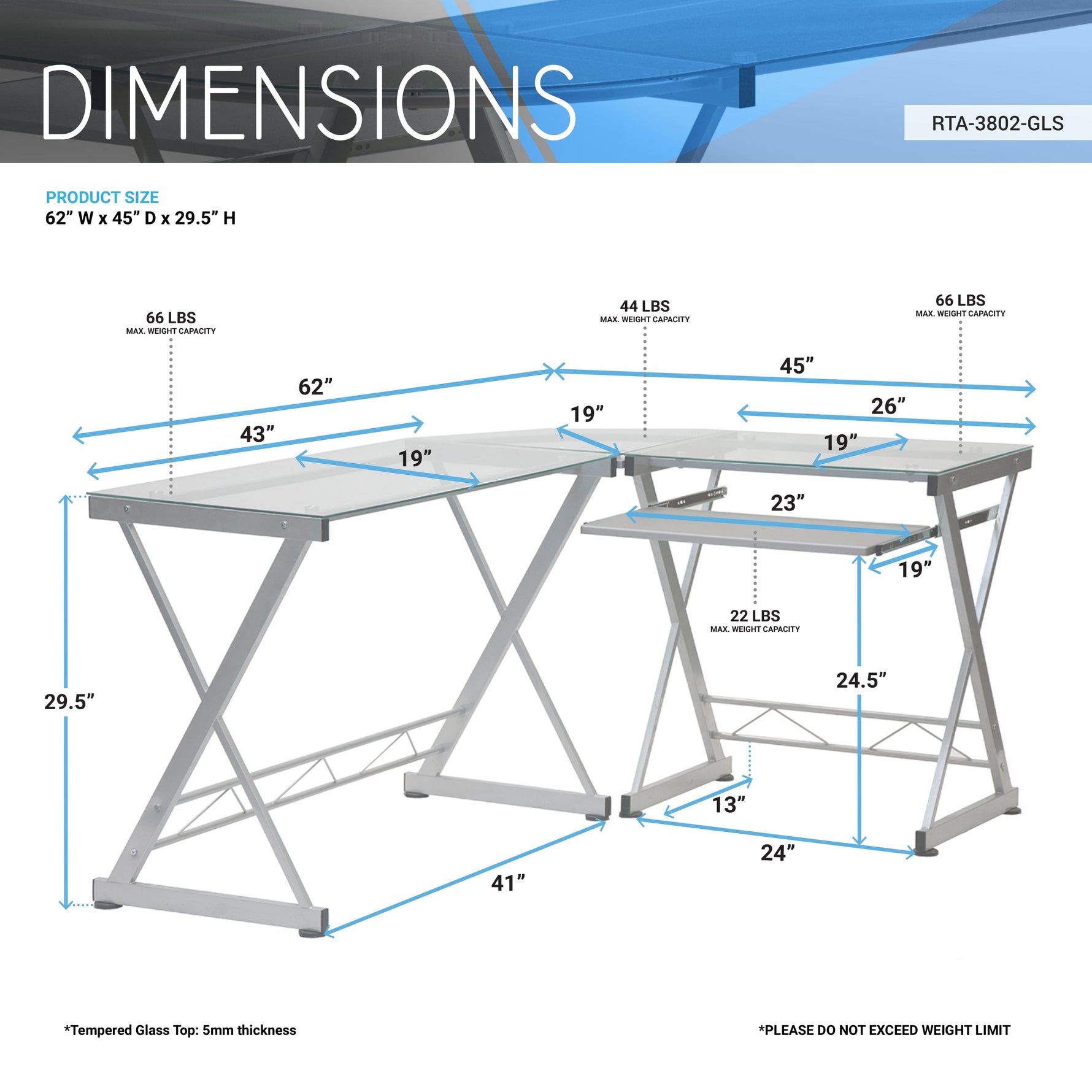 L-Shaped Tempered Glass Top Computer Desk With Pull Out Keyboard Panel Clear L-Shaped Desk