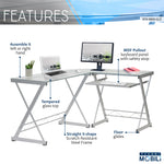 L-Shaped Tempered Glass Top Computer Desk With Pull Out Keyboard Panel Clear L-Shaped Desk