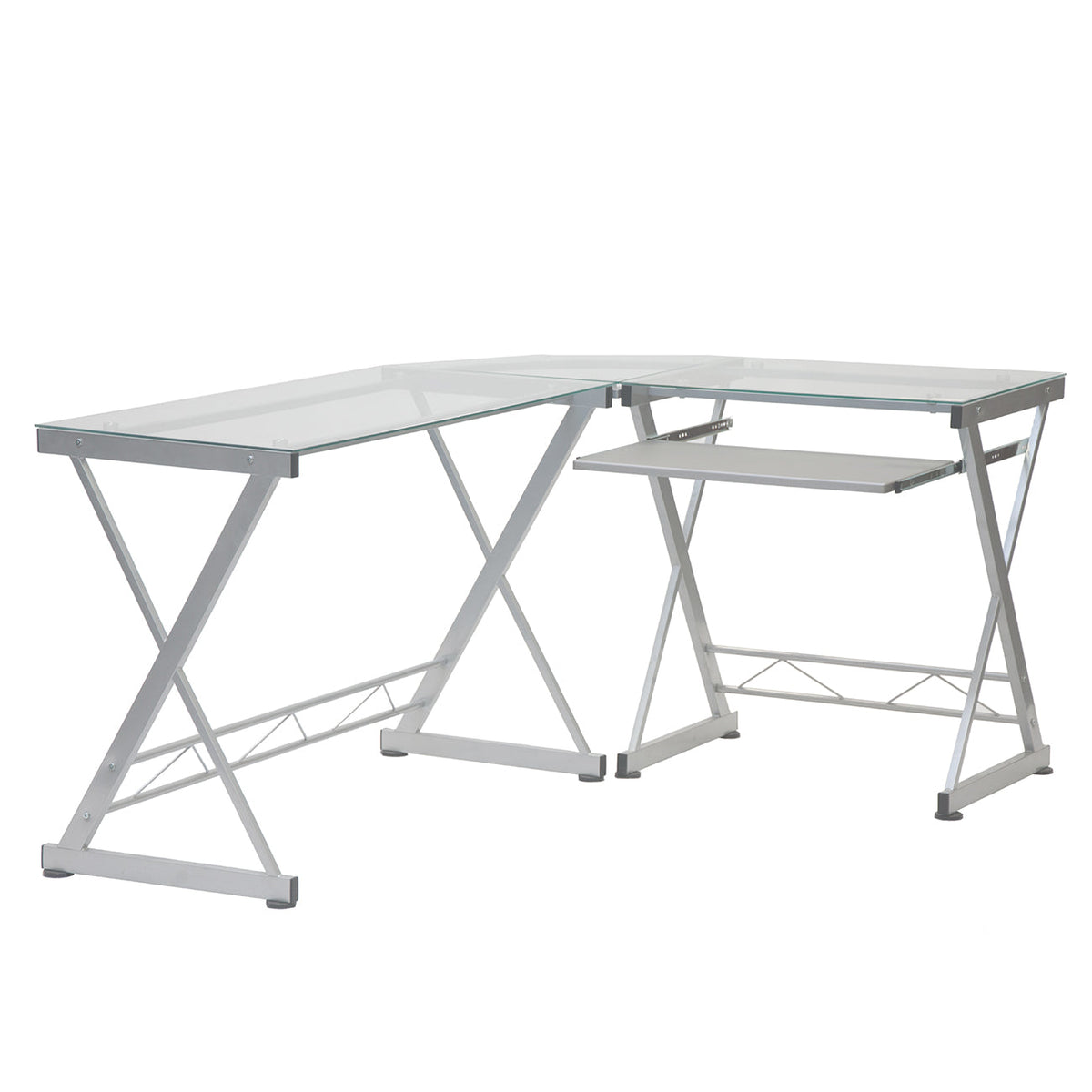 L-Shaped Tempered Glass Top Computer Desk With Pull Out Keyboard Panel Clear L-Shaped Desk