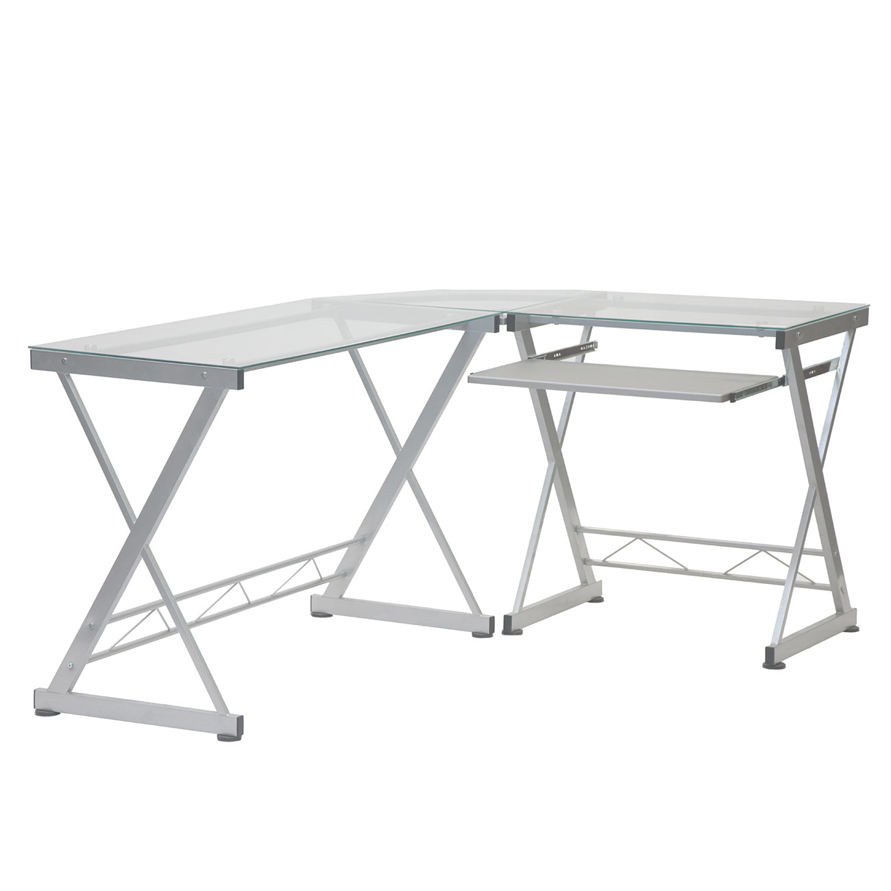 L-Shaped Tempered Glass Top Computer Desk With Pull Out Keyboard Panel Clear L-Shaped Desk
