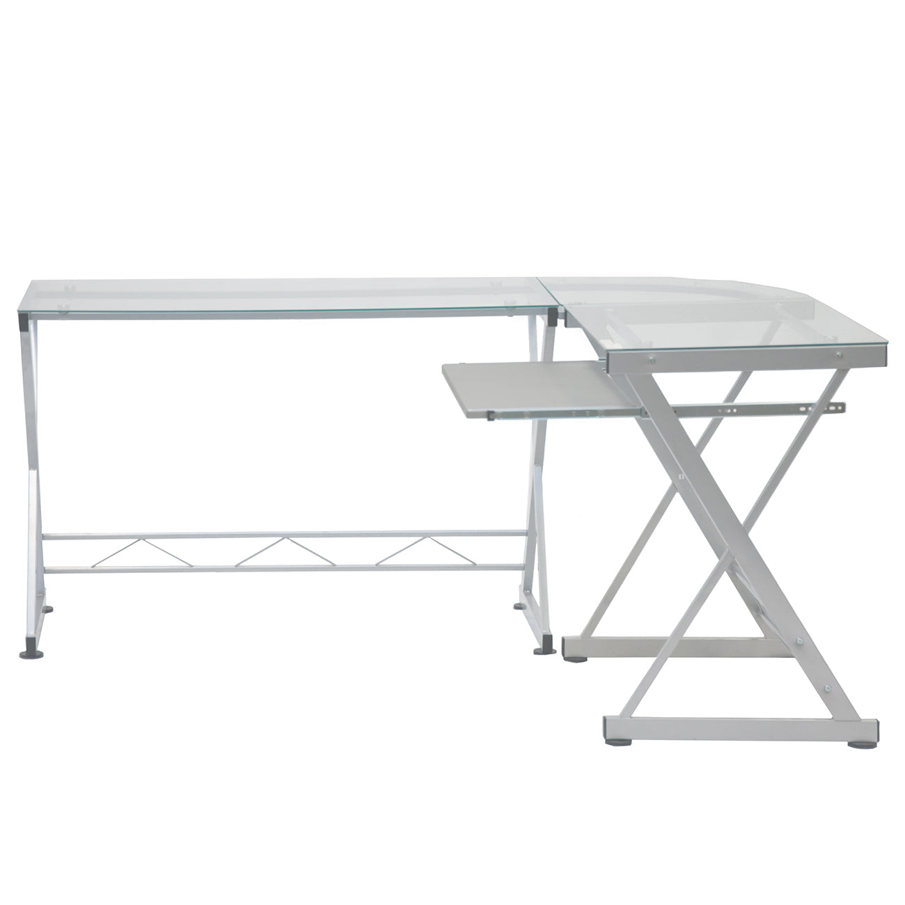 L-Shaped Tempered Glass Top Computer Desk With Pull Out Keyboard Panel Clear L-Shaped Desk