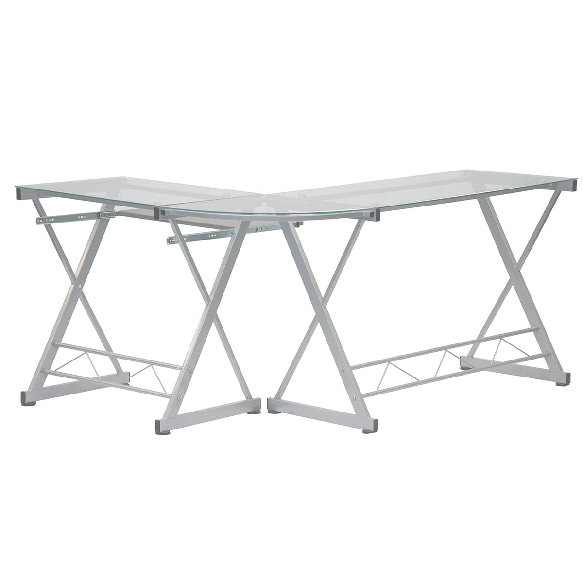 L-Shaped Tempered Glass Top Computer Desk With Pull Out Keyboard Panel Clear L-Shaped Desk