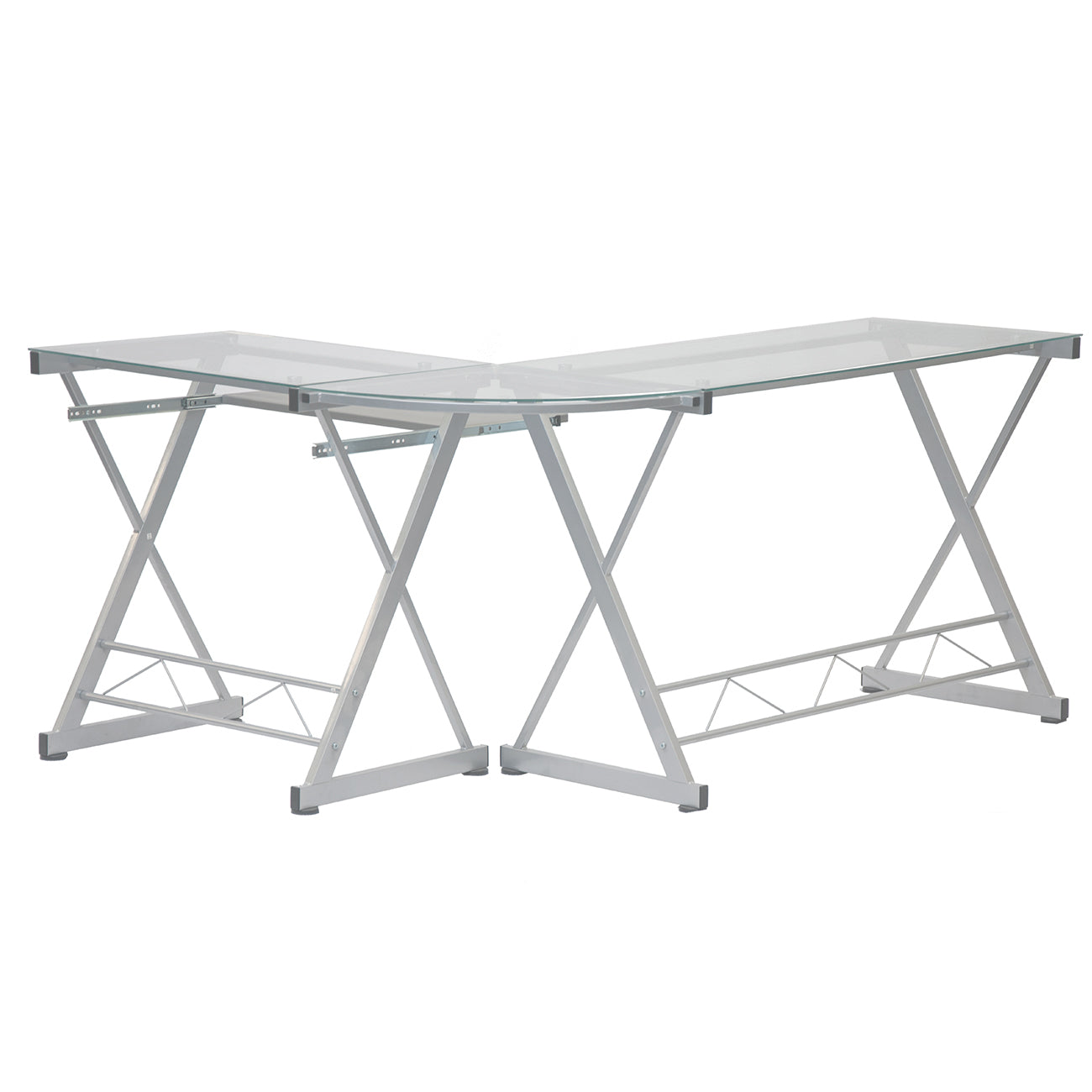L-Shaped Tempered Glass Top Computer Desk With Pull Out Keyboard Panel Clear L-Shaped Desk