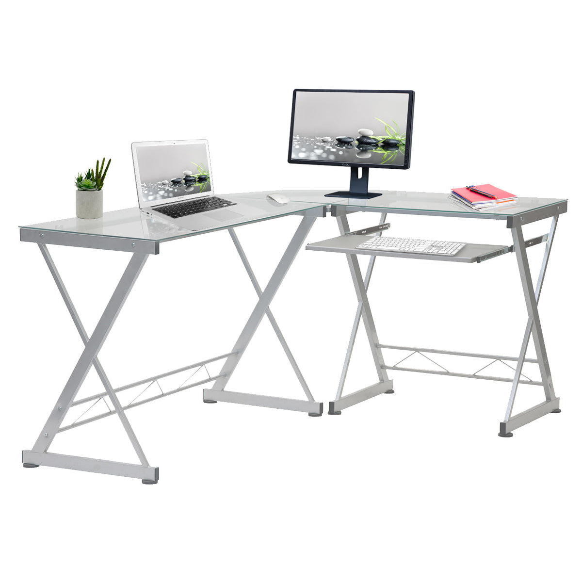 L-Shaped Tempered Glass Top Computer Desk With Pull Out Keyboard Panel Clear L-Shaped Desk