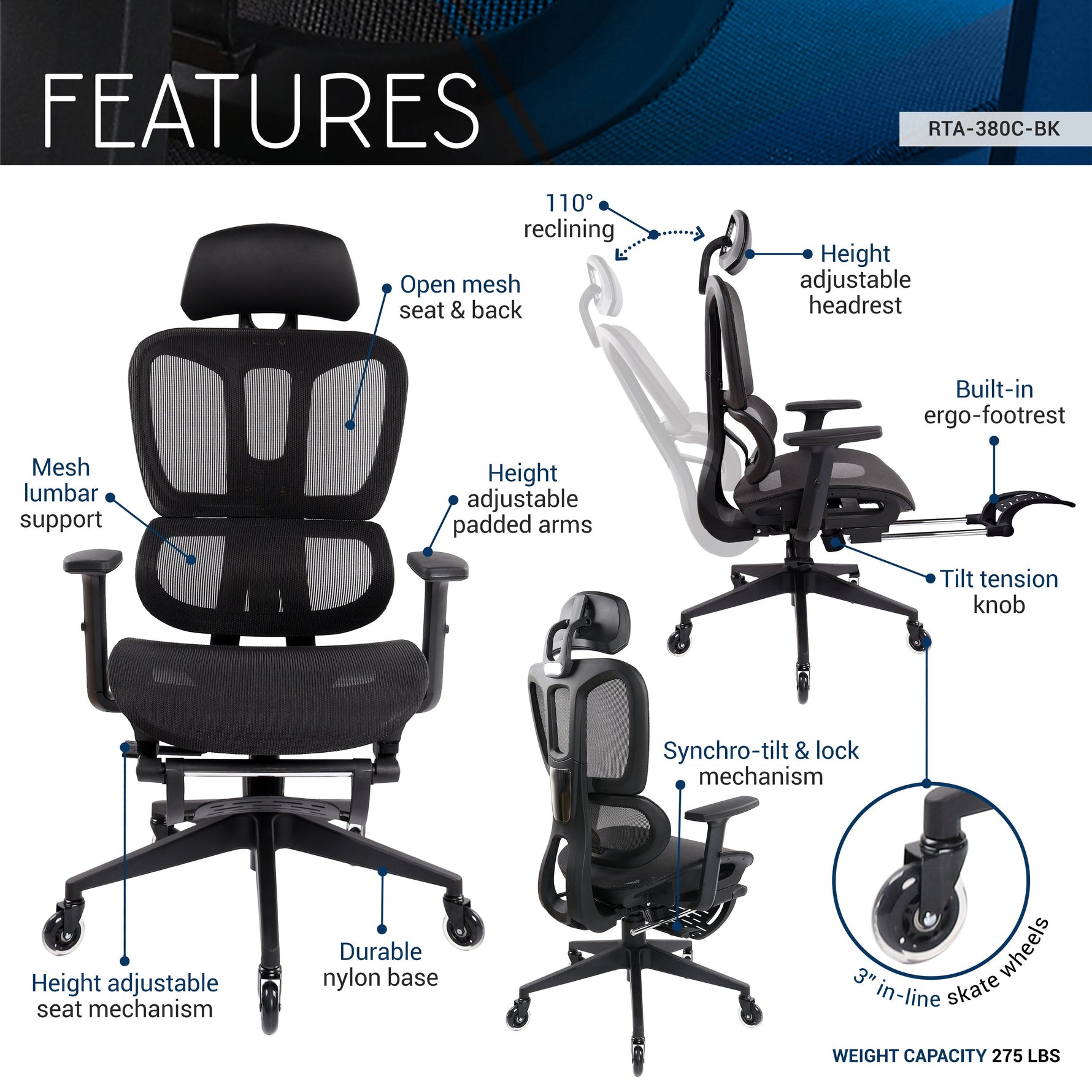 Techni Mobili Ultimate Reclining Ergonomic Mesh Office Chair