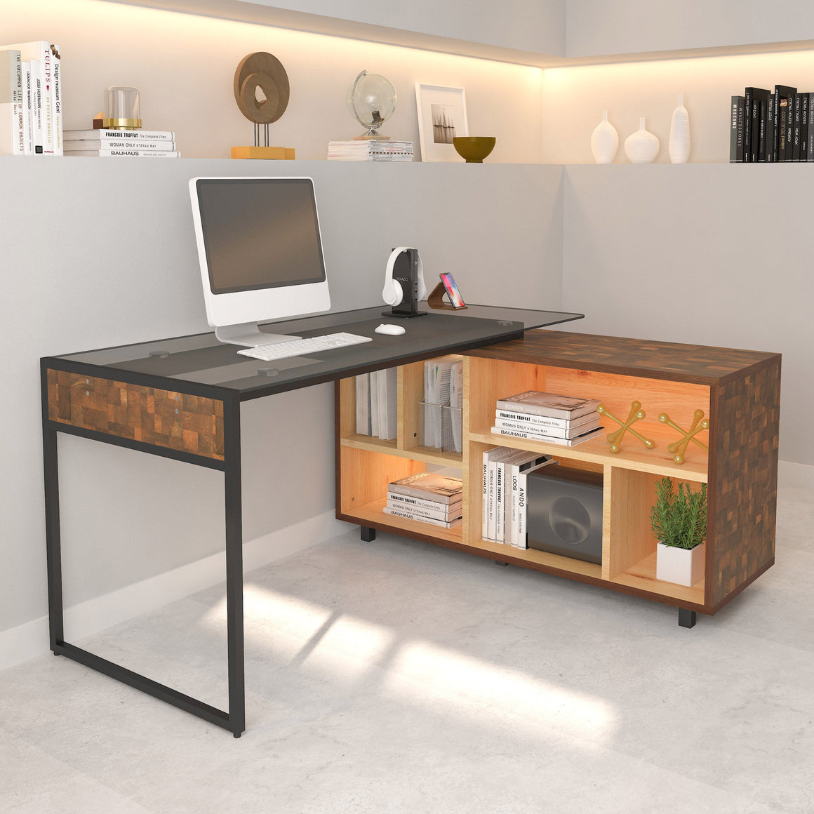 L-Shape Corner Desk with Multiple Storage Oak L-Shaped Desk