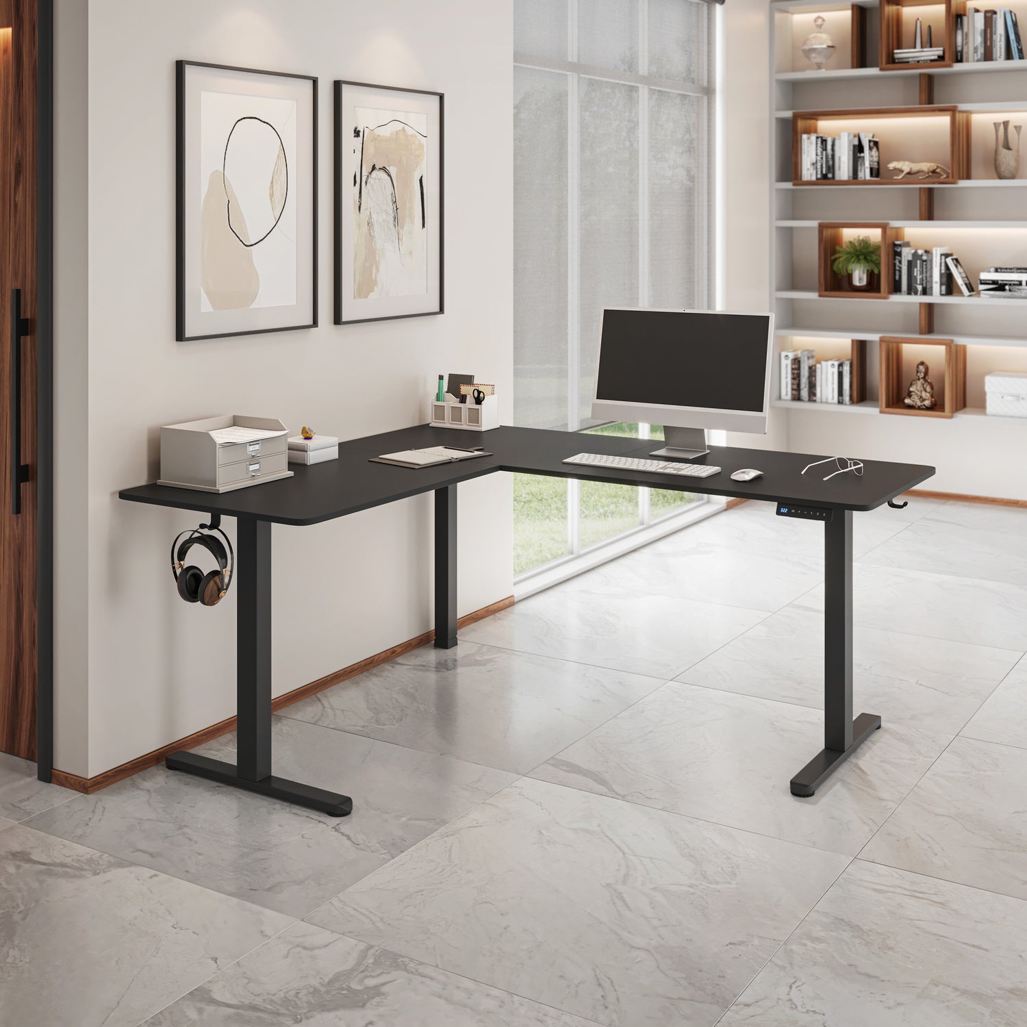 L-Shaped Electric Standing Desk with Spacious Desktop, 3 Memory Height Presets and 2 Accessory Hooks