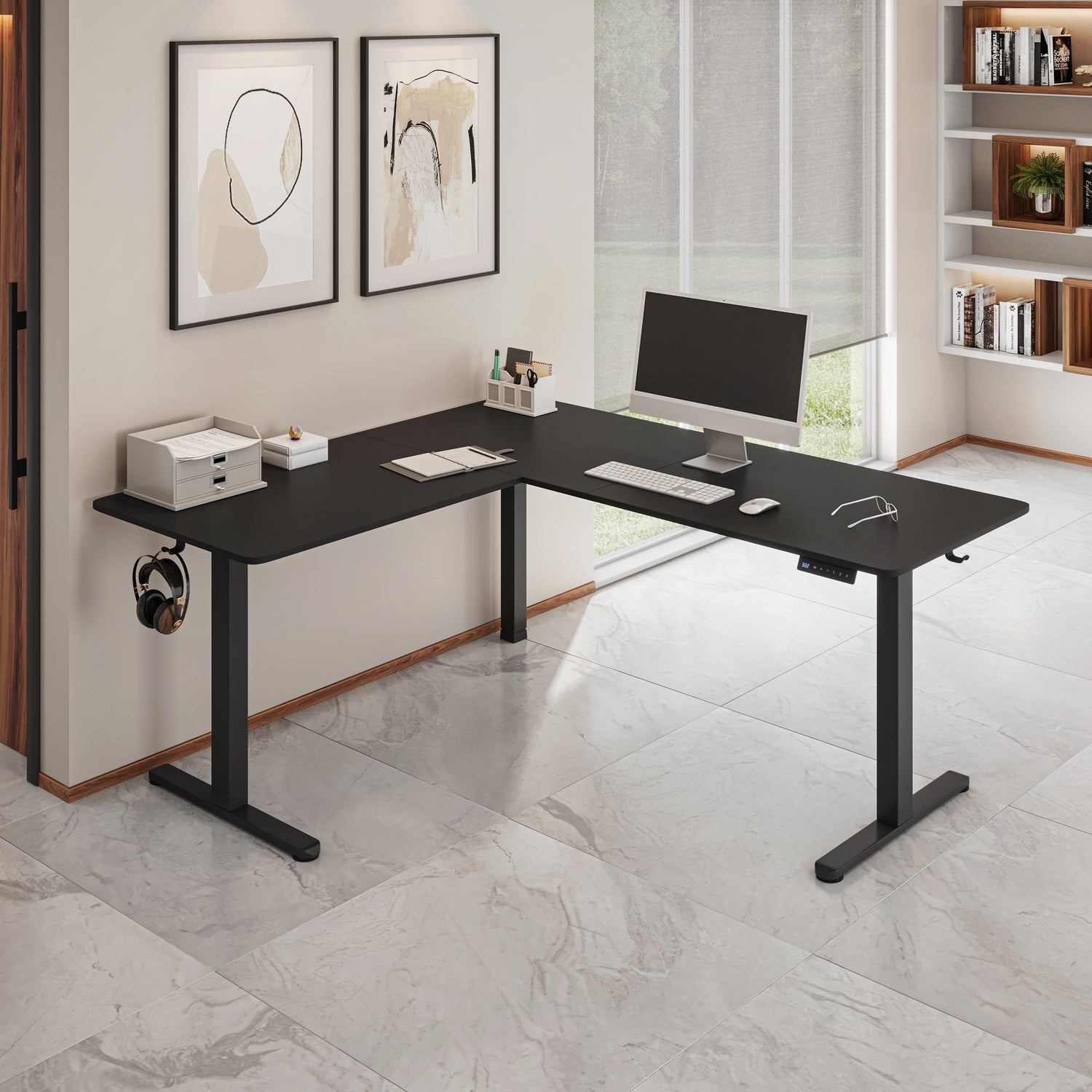 L-Shaped Electric Standing Desk with Spacious Desktop, 3 Memory Height Presets and 2 Accessory Hooks