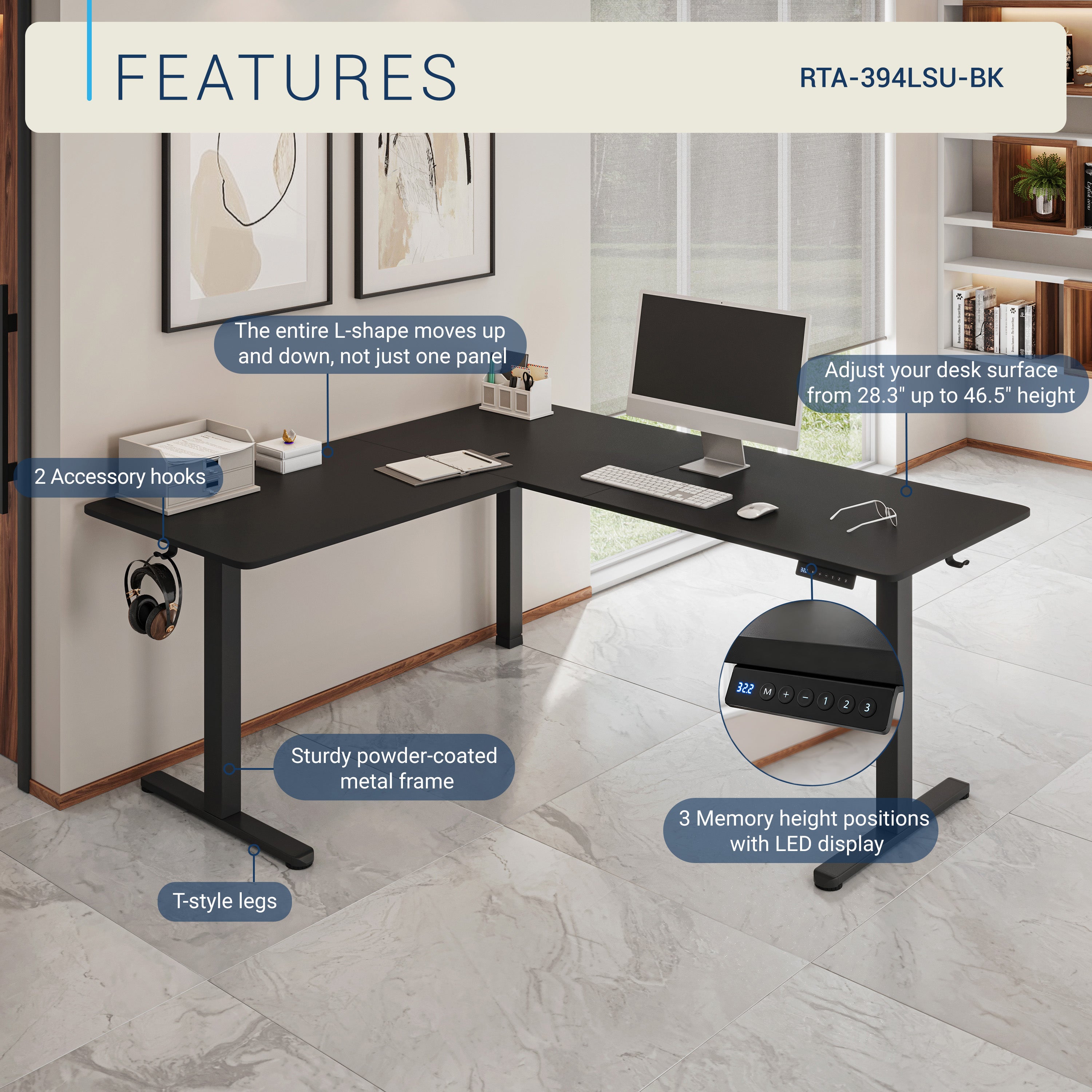 Techni Mobili | L-Shaped Electric Standing Desk with Spacious