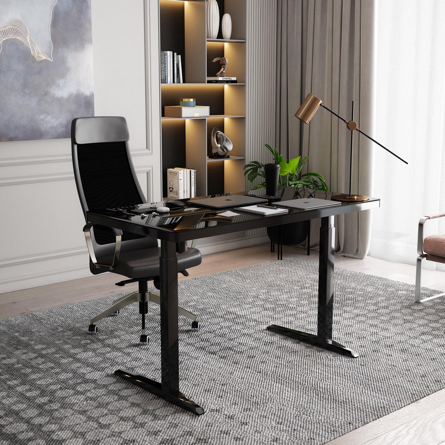 Electronic Glass Desk With Adjustable Height Storage Speaker Wireless charging & USB Black Standing Desk