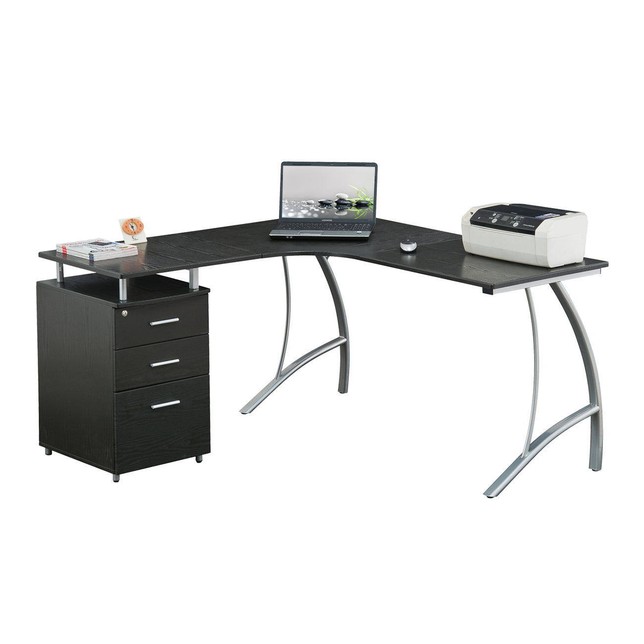 Modern L- Shaped Computer Desk with File Cabinet and Storage Espresso L-Shaped Desk