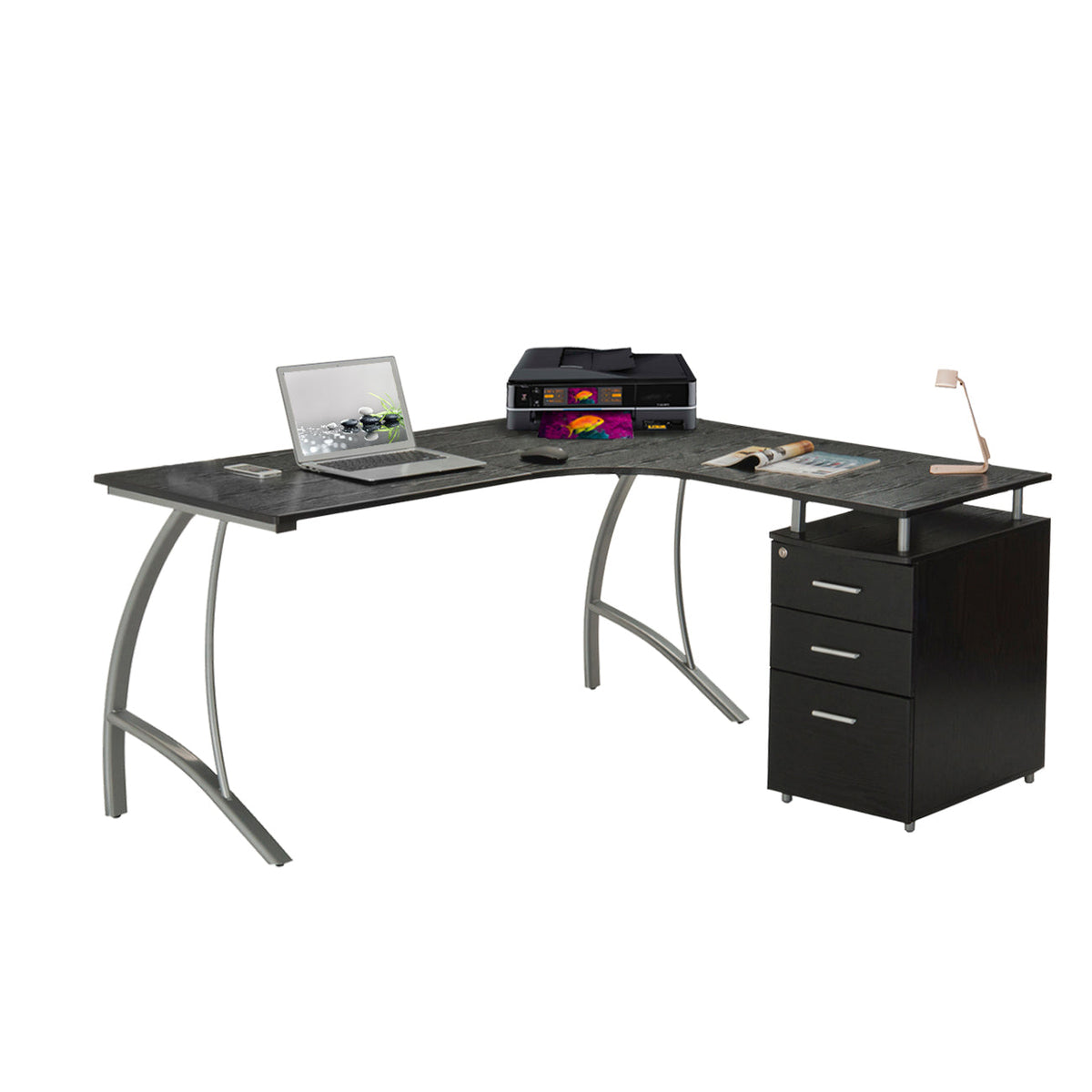 Modern L- Shaped Computer Desk with File Cabinet and Storage Espresso L-Shaped Desk