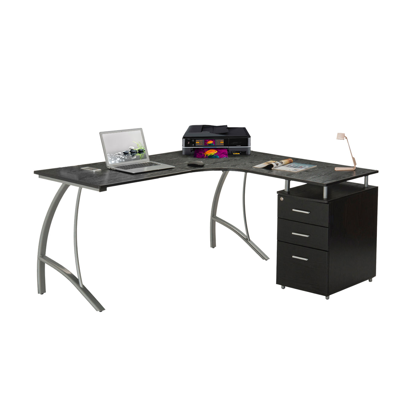 Modern L- Shaped Computer Desk with File Cabinet and Storage Espresso L-Shaped Desk