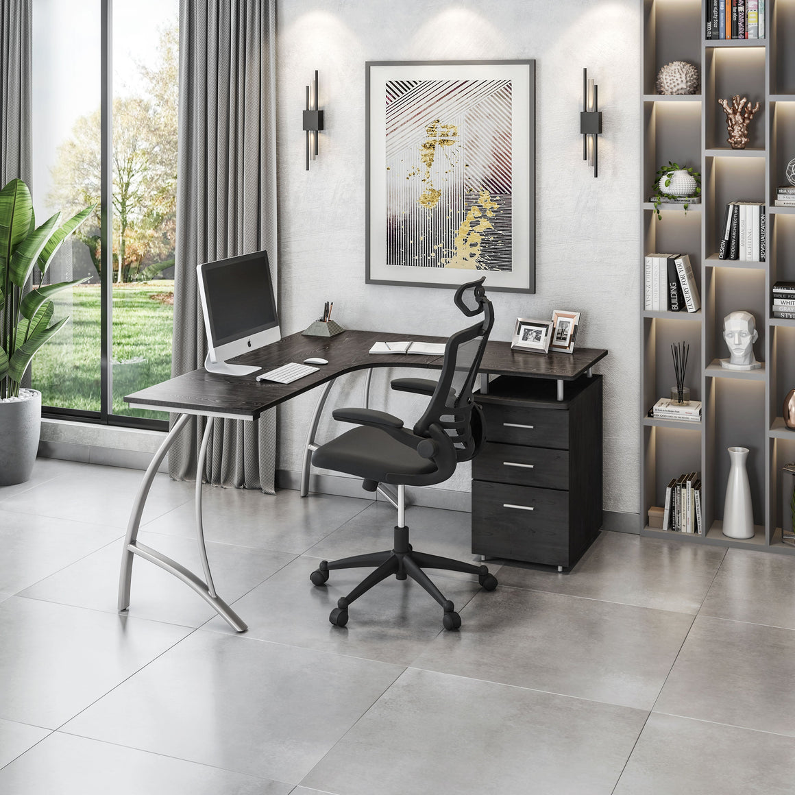 Modern L- Shaped Computer Desk with File Cabinet and Storage Espresso L-Shaped Desk