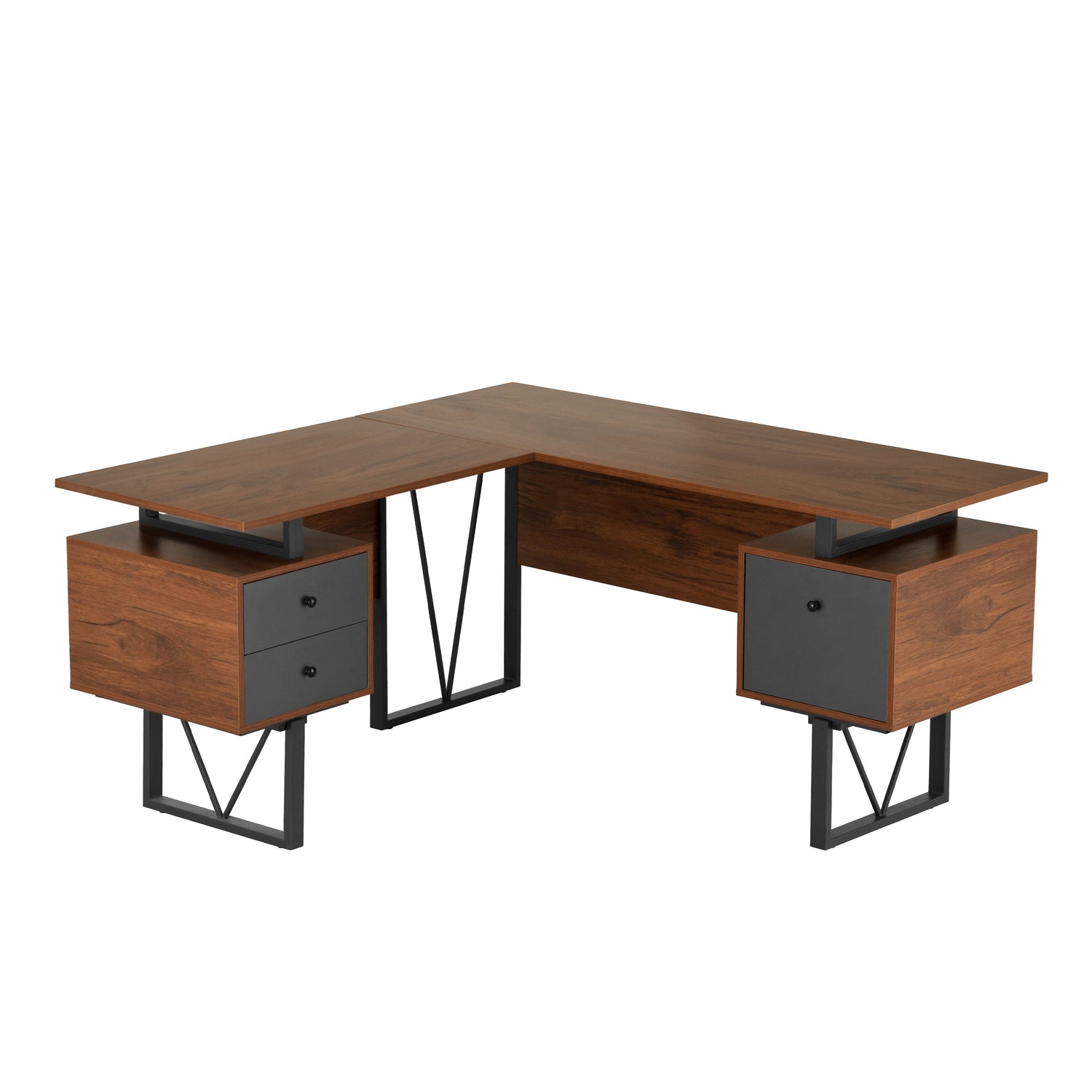 Reversible L-Shape Computer Desk with Drawers and File Cabinet Walnut Writing Desk