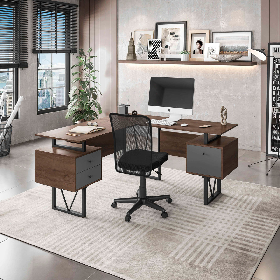 Reversible L-Shape Computer Desk with Drawers and File Cabinet Walnut Writing Desk