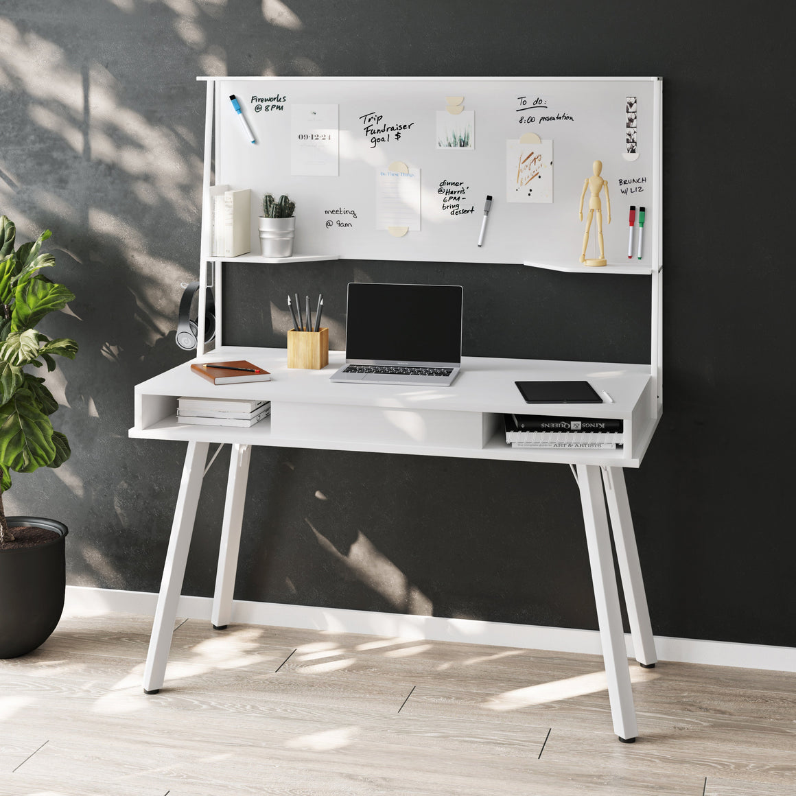 Study Computer Desk with Storage & Magnetic Dry Erase White Board White Writing Desk