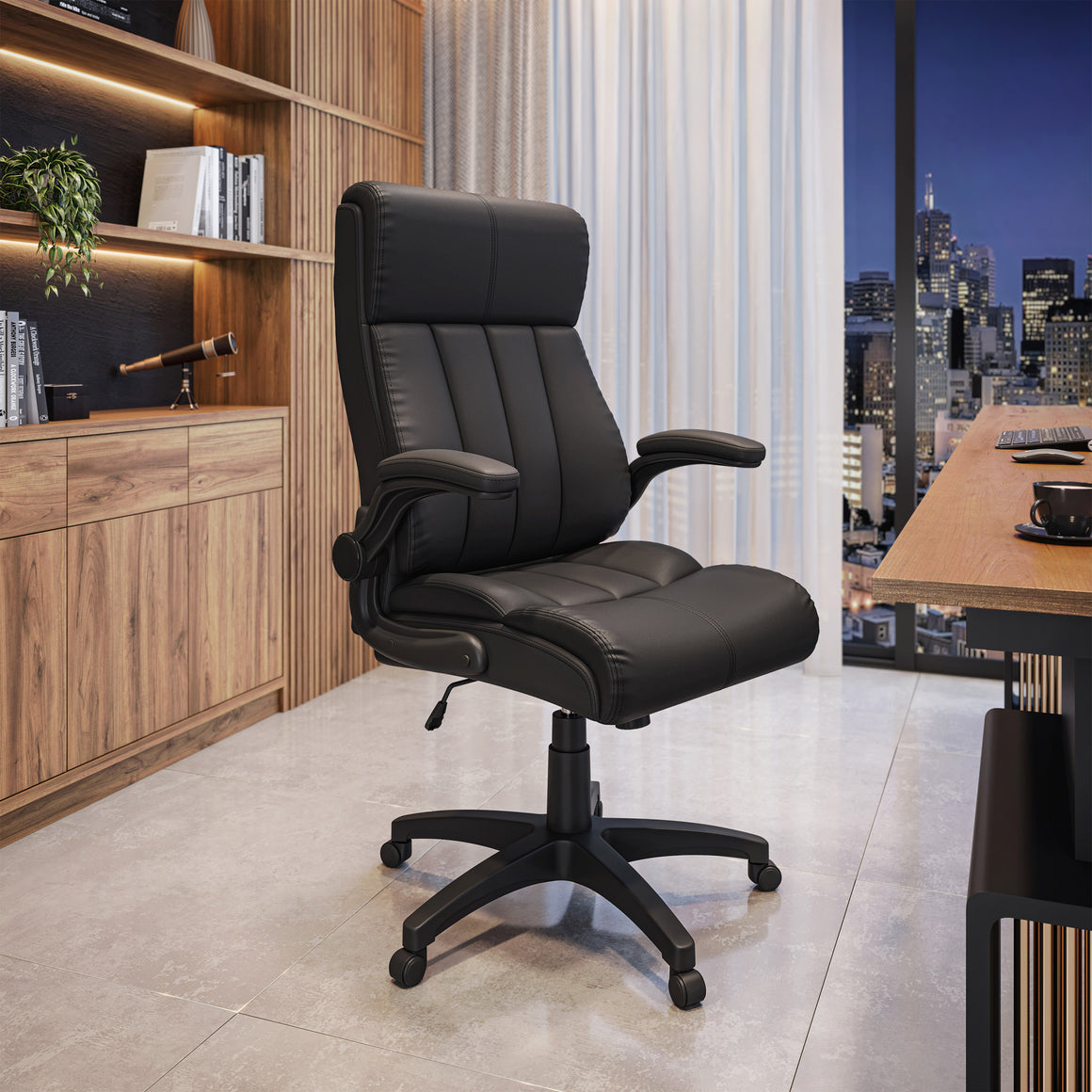 Ergonomic Faux Leather Office Chair – Ultra-Padded Executive Desk Chair with Flip-Up Armrests, Height Adjustable, Tilt Control, and Smooth-Rolling Wheels