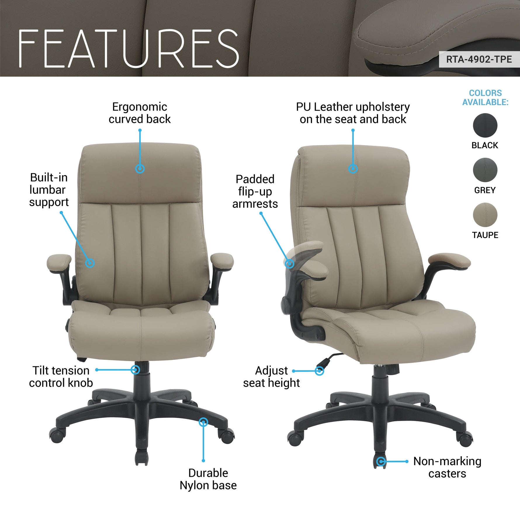 Ergonomic Faux Leather Office Chair – Ultra-Padded Executive Desk Chair with Flip-Up Armrests Height Adjustable Tilt