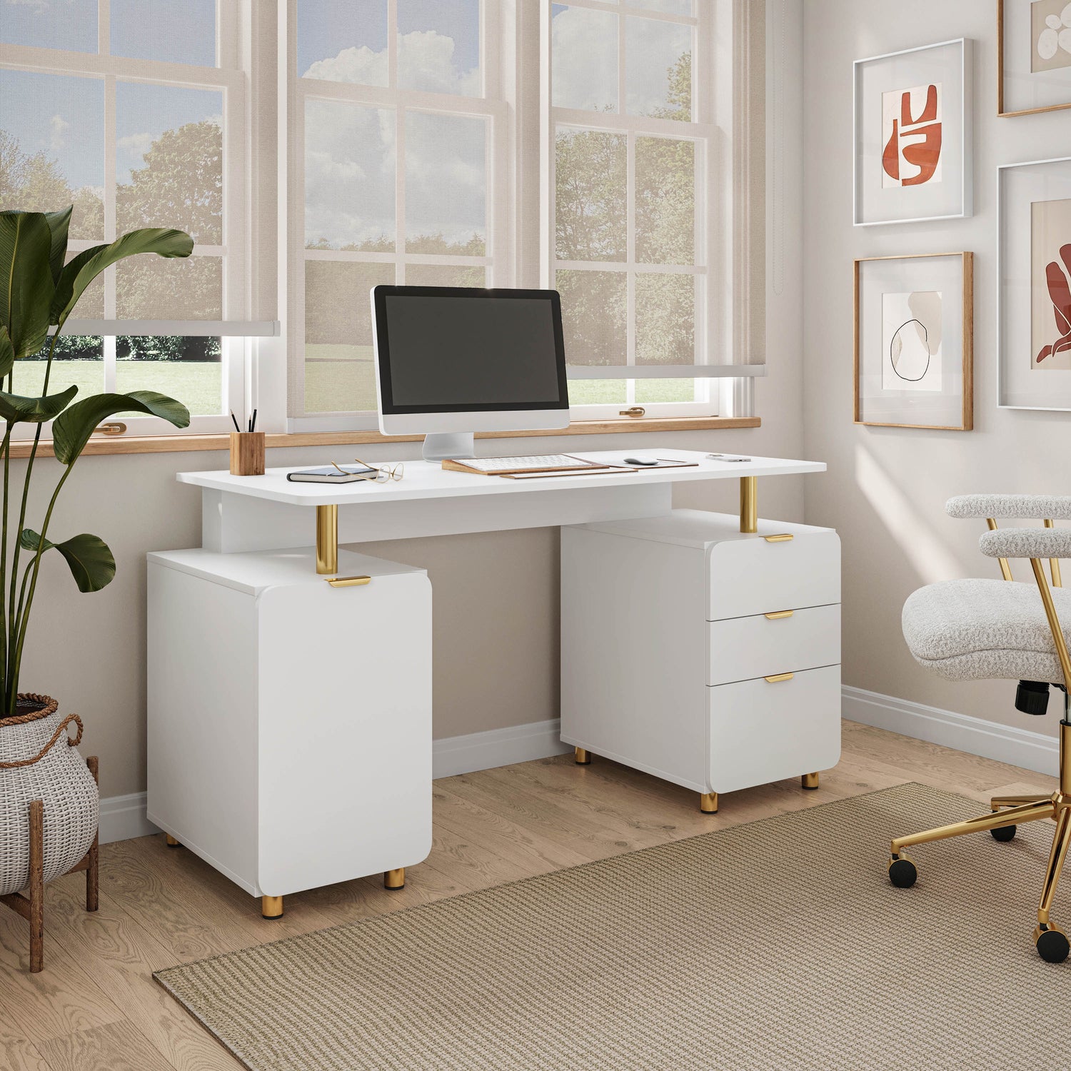 Elegant Executive Desk with Gold Accents, 3 Drawers, and Cabinet with Adjustable Shelf and Ventilation
