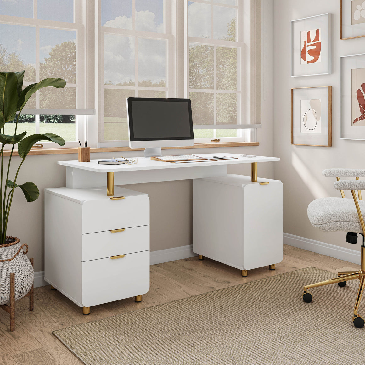 Elegant Executive Desk with Gold Accents, 3 Drawers, and Cabinet with Adjustable Shelf and Ventilation