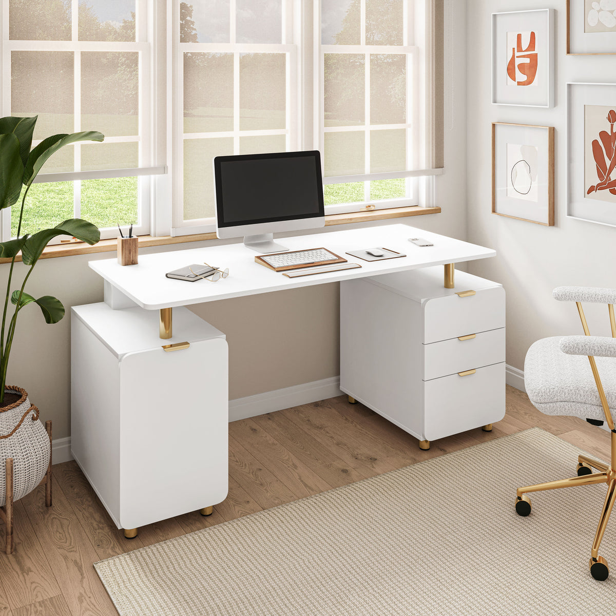 Elegant Executive Desk with Gold Accents, 3 Drawers, and Cabinet with Adjustable Shelf and Ventilation