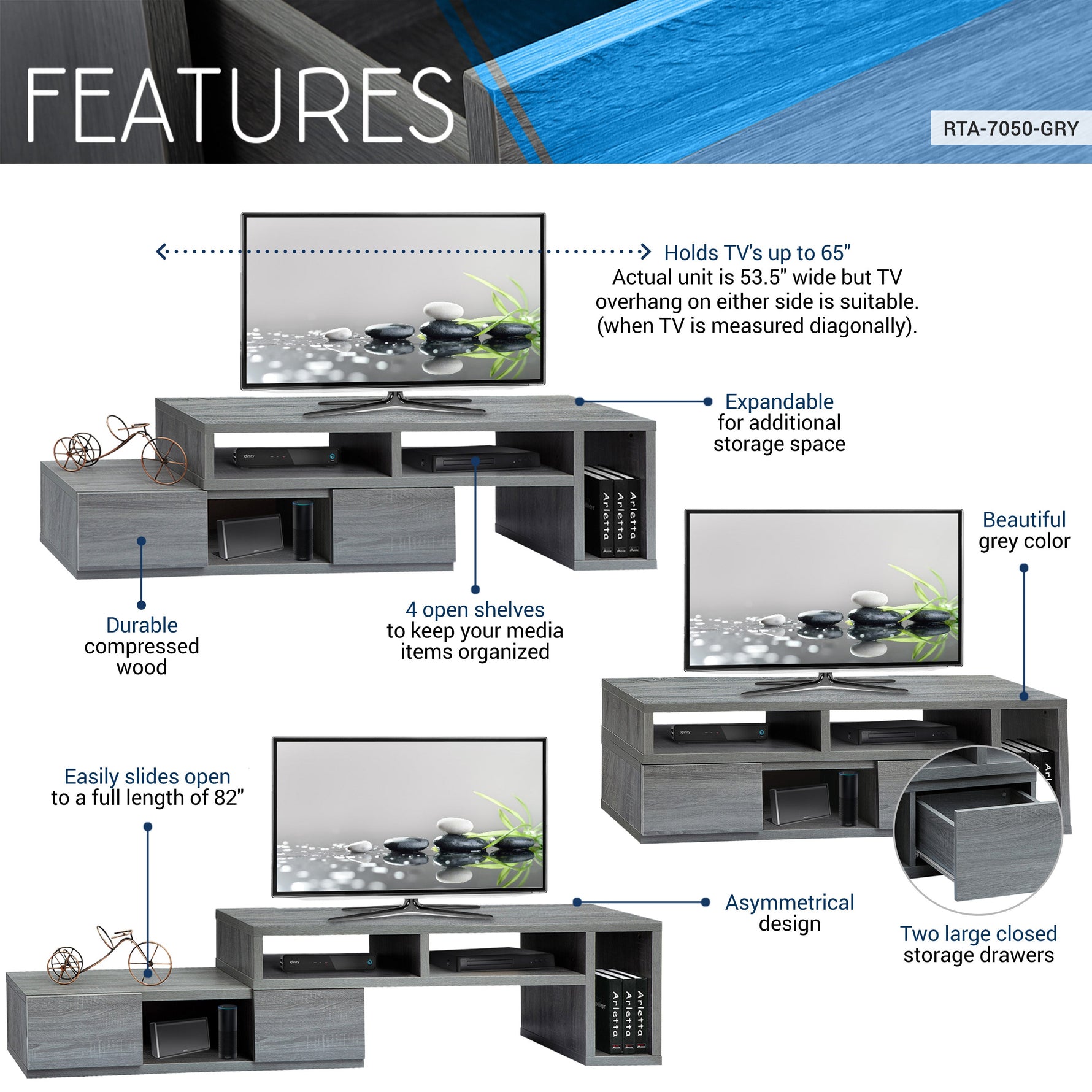 Expandable TV Stand Console for TV’s up to 65’’ Grey TV Stands