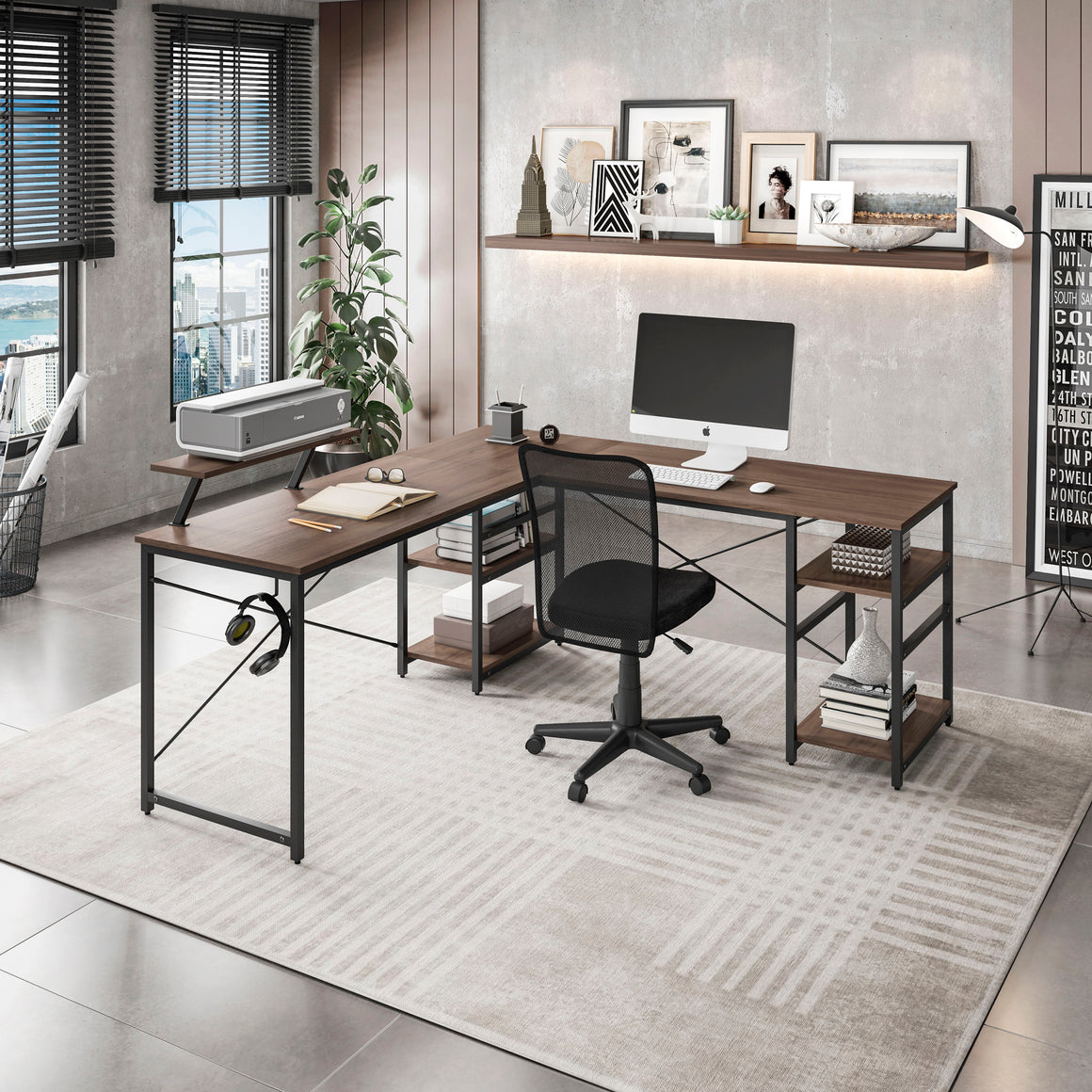 L-Shape Industrial Desk with storage shelves Workstation